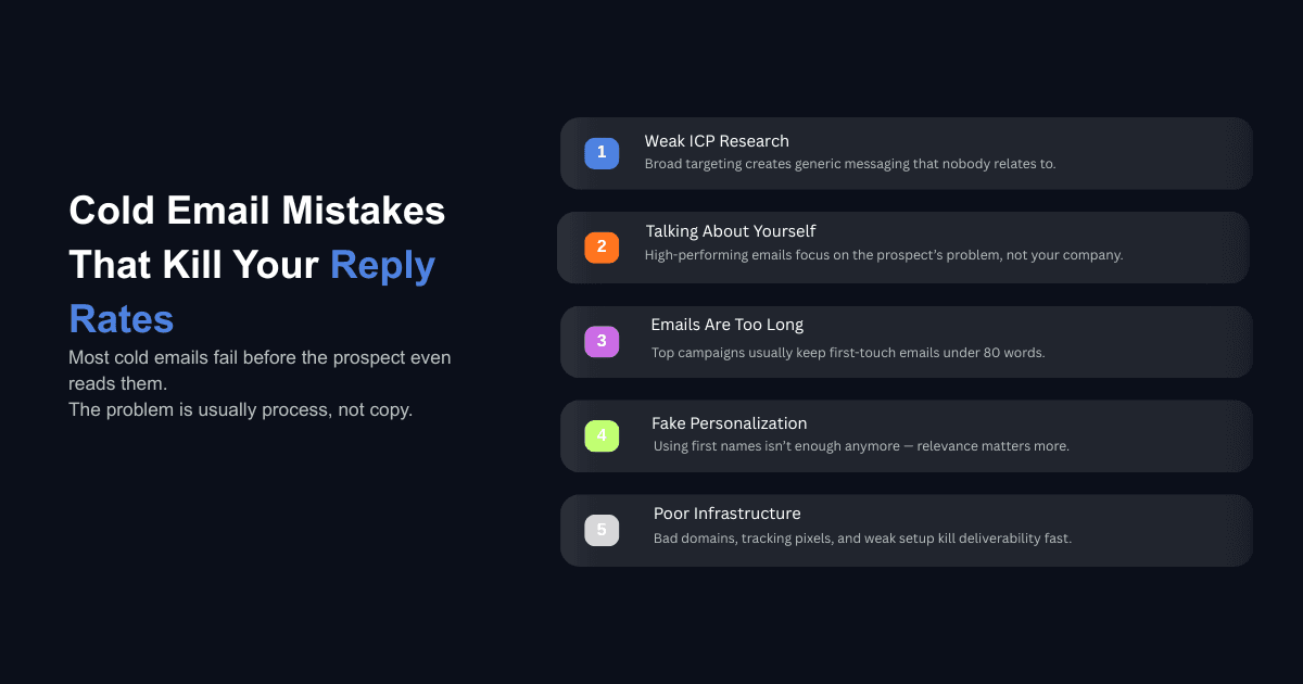 Cold email mistakes infographic showing weak ICP research, long emails, fake personalization, and poor infrastructure issues