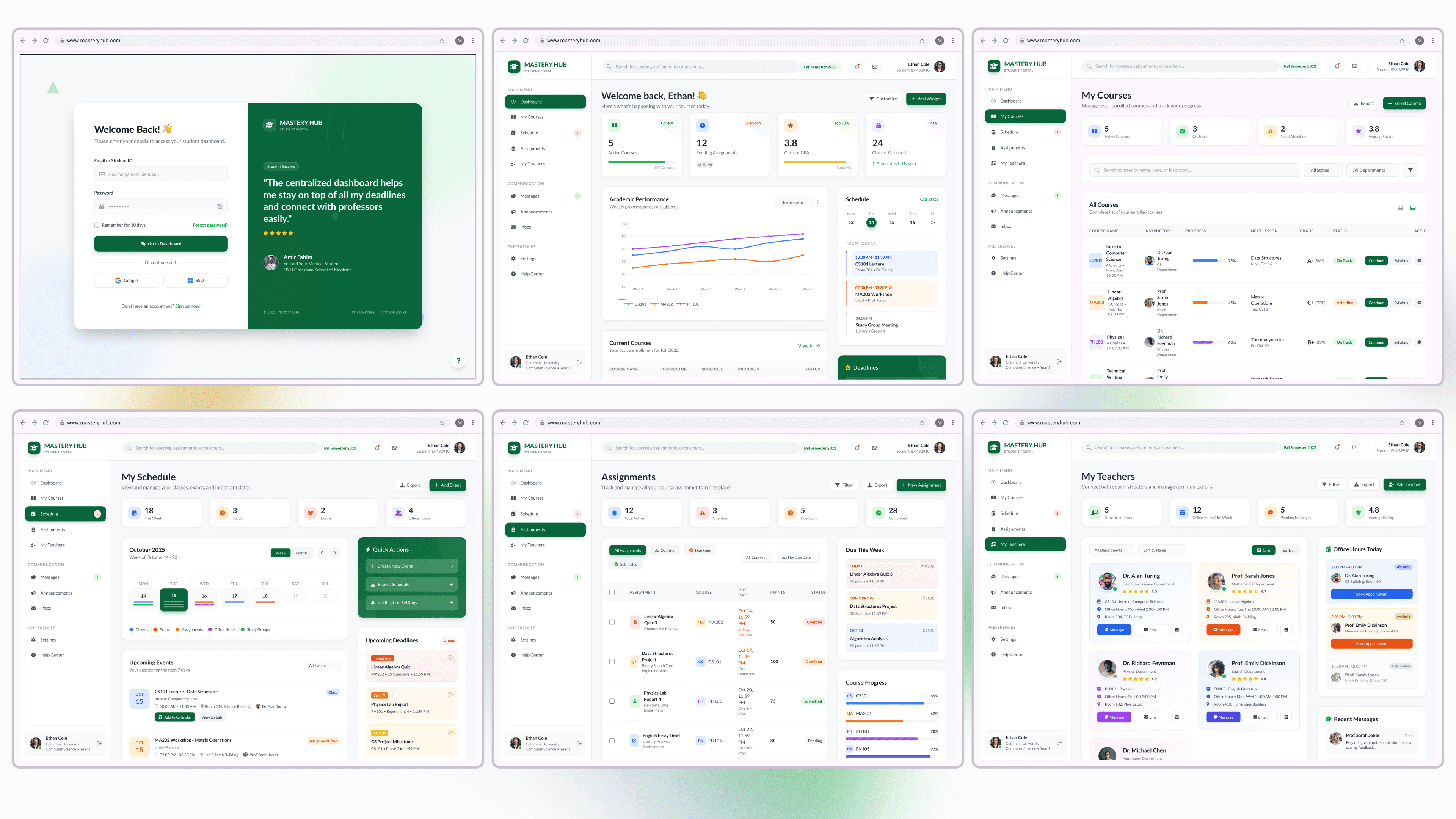 Login, Dashboard, Courses, Schedule, Assignments, Teachers