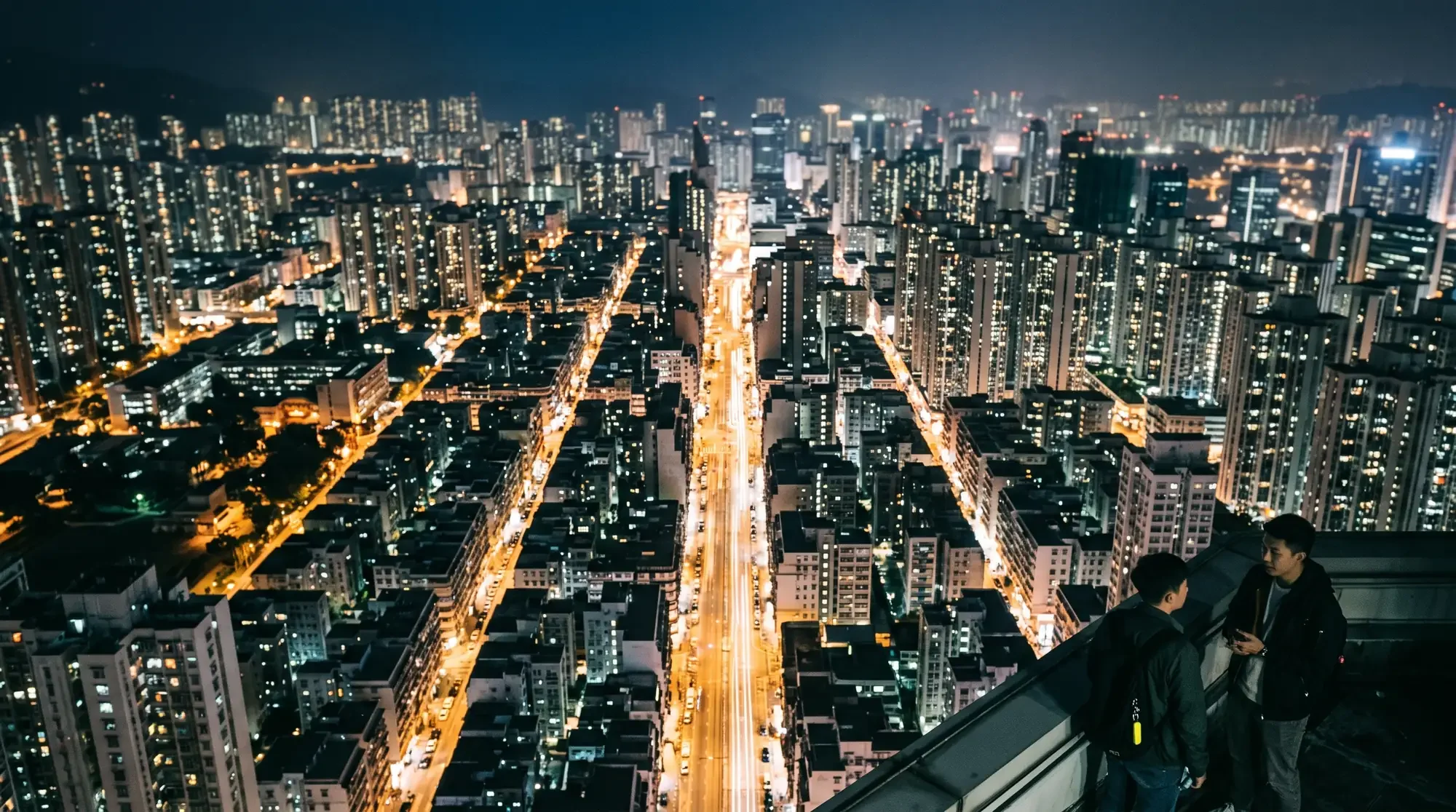 A city at night seen from a rooftop, avenues lit to the horizon