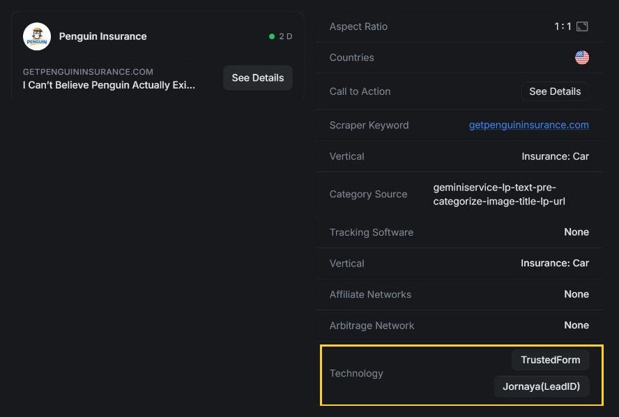 Penguin Insurance in AdPlexity Social: the ad's details list TrustedForm and Jornaya(LeadID) under Technology