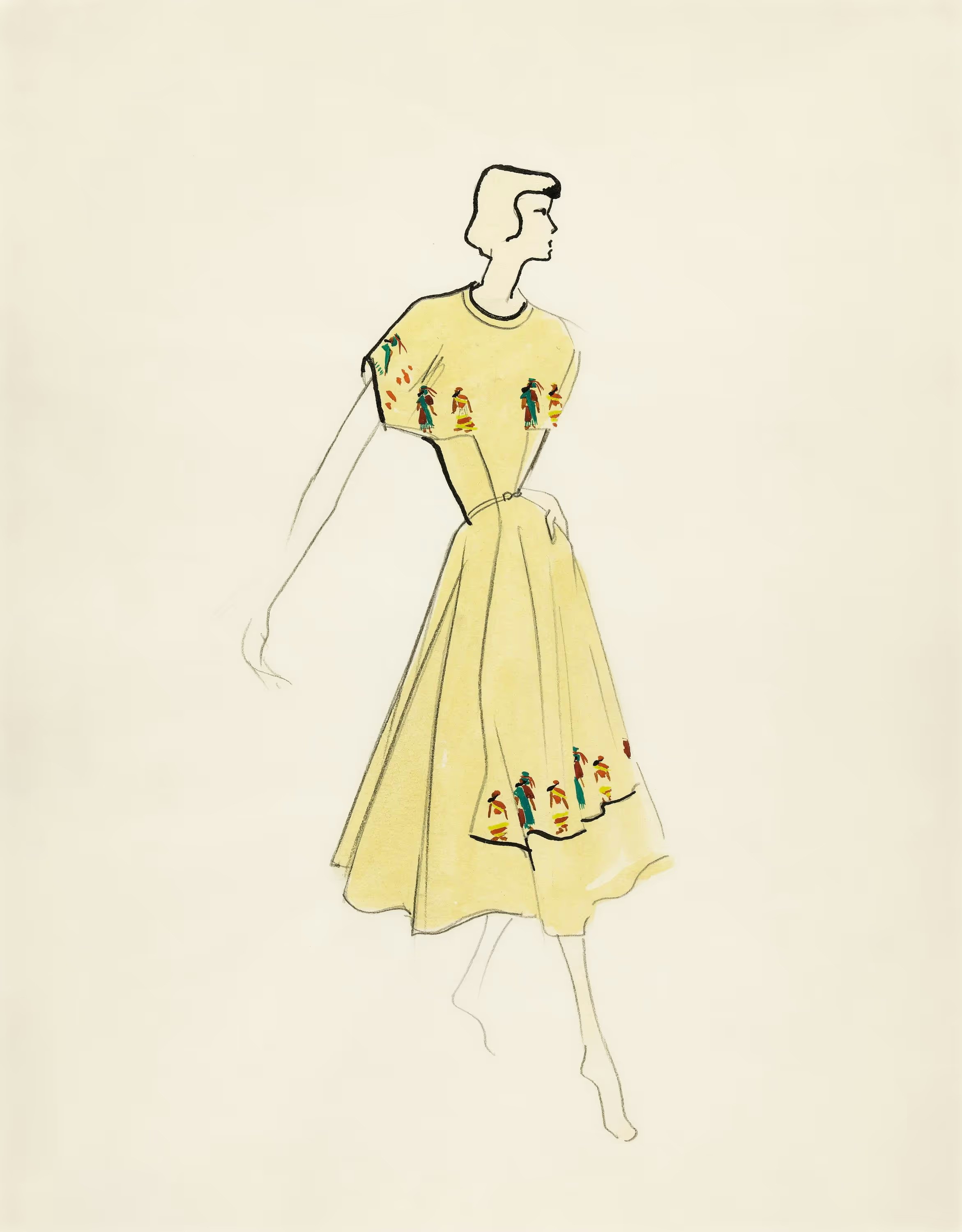 Fashion illustration of a yellow dress with a fitted bodice and flared skirt, featuring delicate floral details.