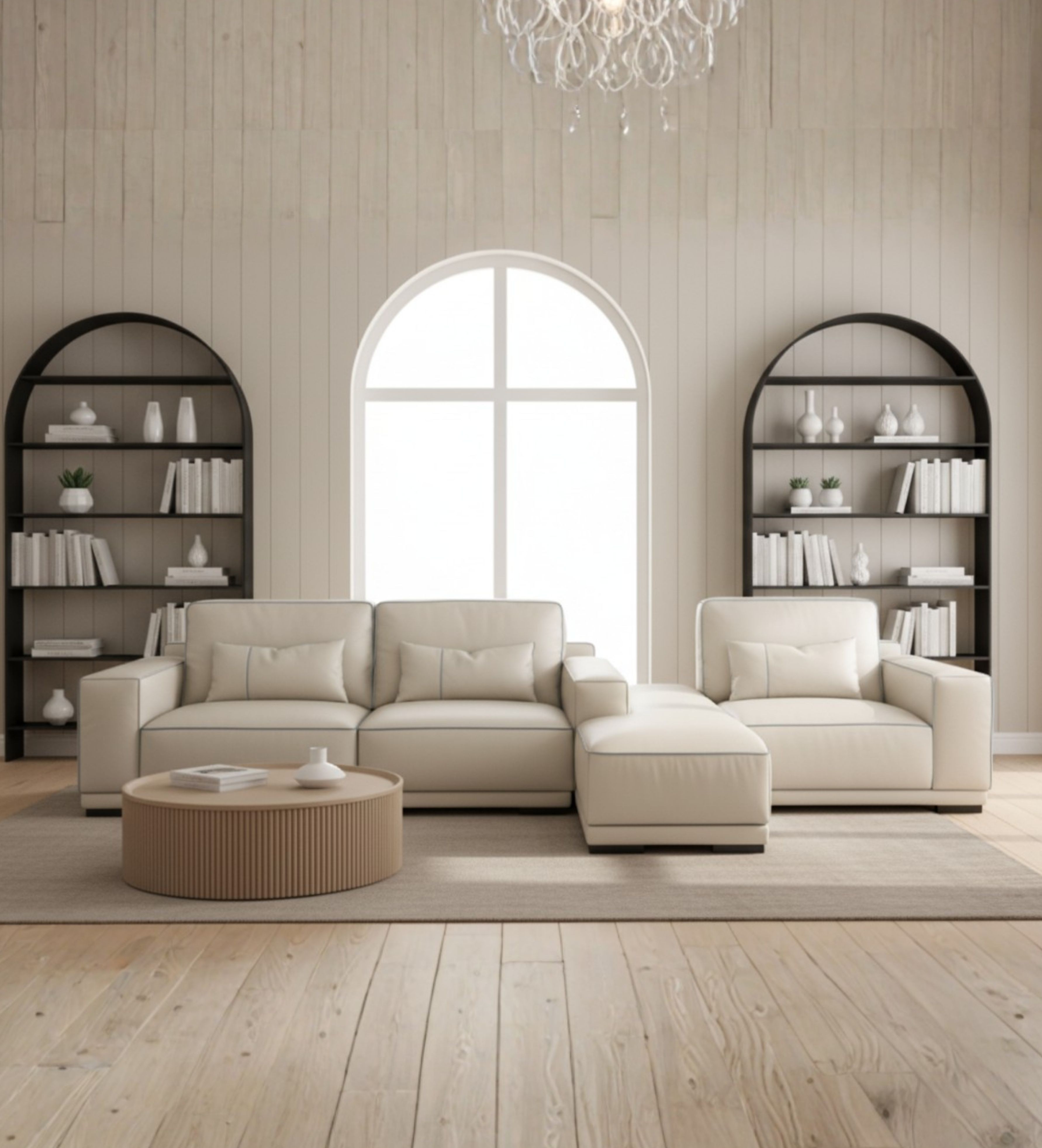 Light upholstered sectional sofa with symmetrical layout and serene elegance