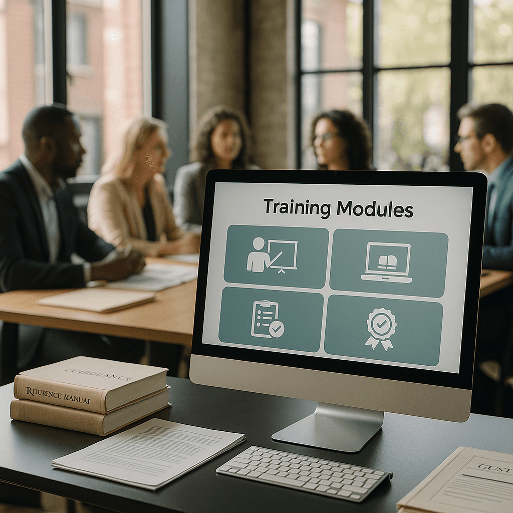 Man engaged in compliance training on tablet, with course content on screen.