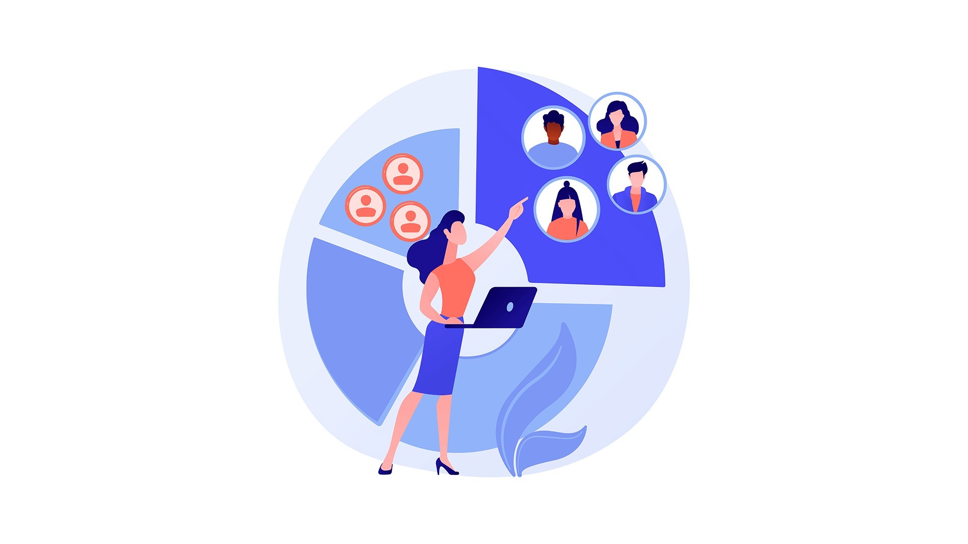 An infographic showing a person picking out audience demographics, symbolising audience insights and strategic segmentation.