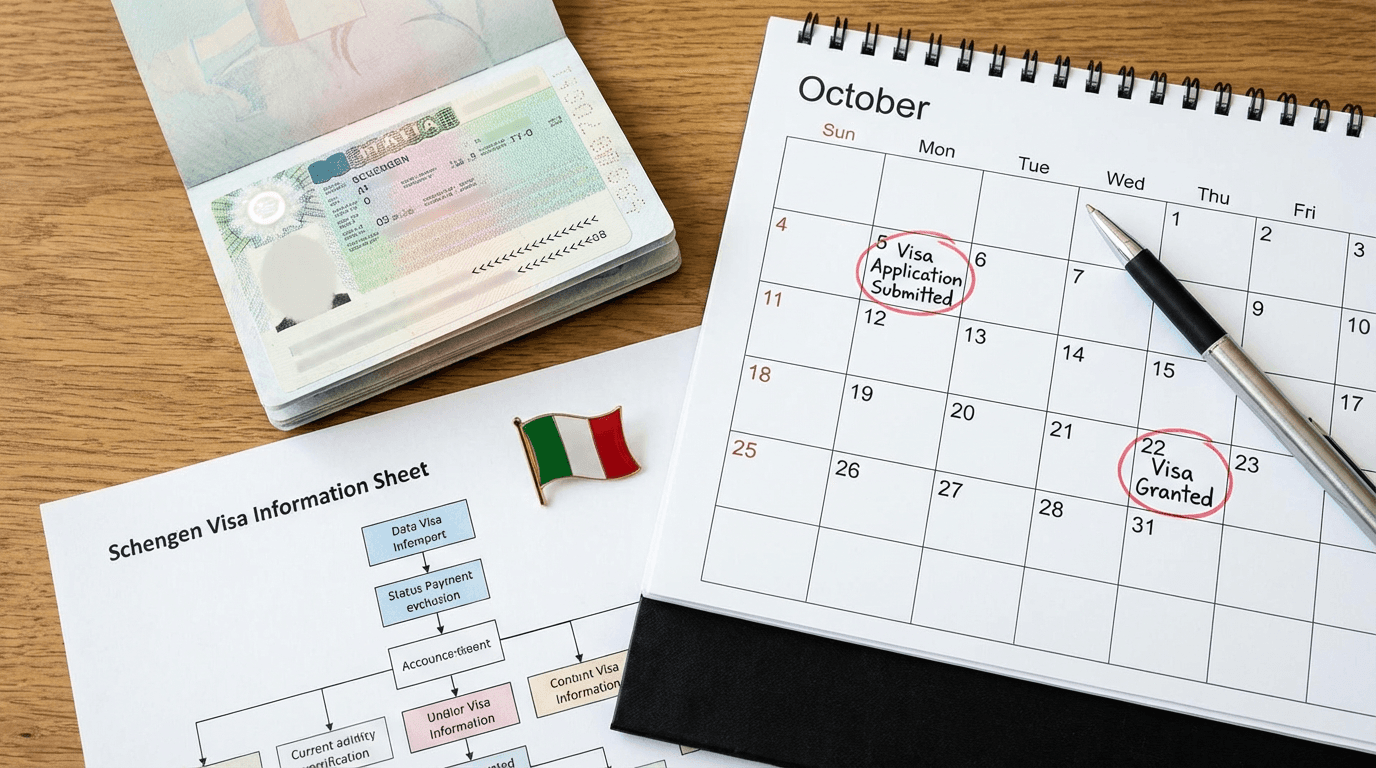  Italy Schengen visa processing timeline with passport and calendar