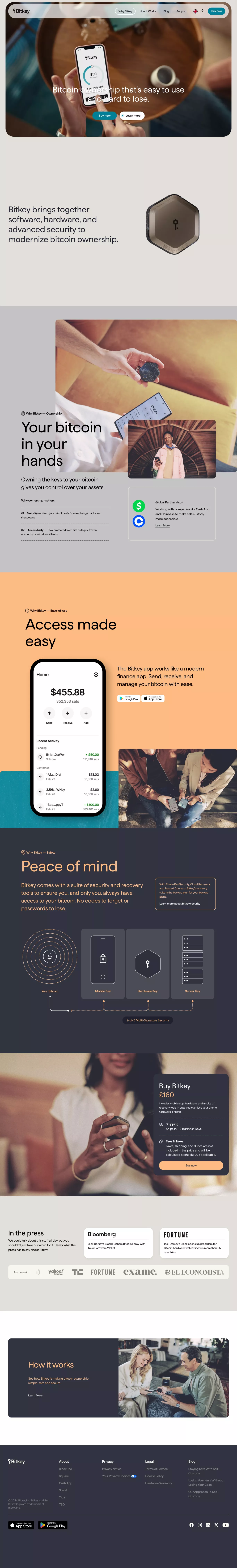 Bitkey: Self-custody bitcoin wallet landing page screenshot showcasing Tech and Finance design