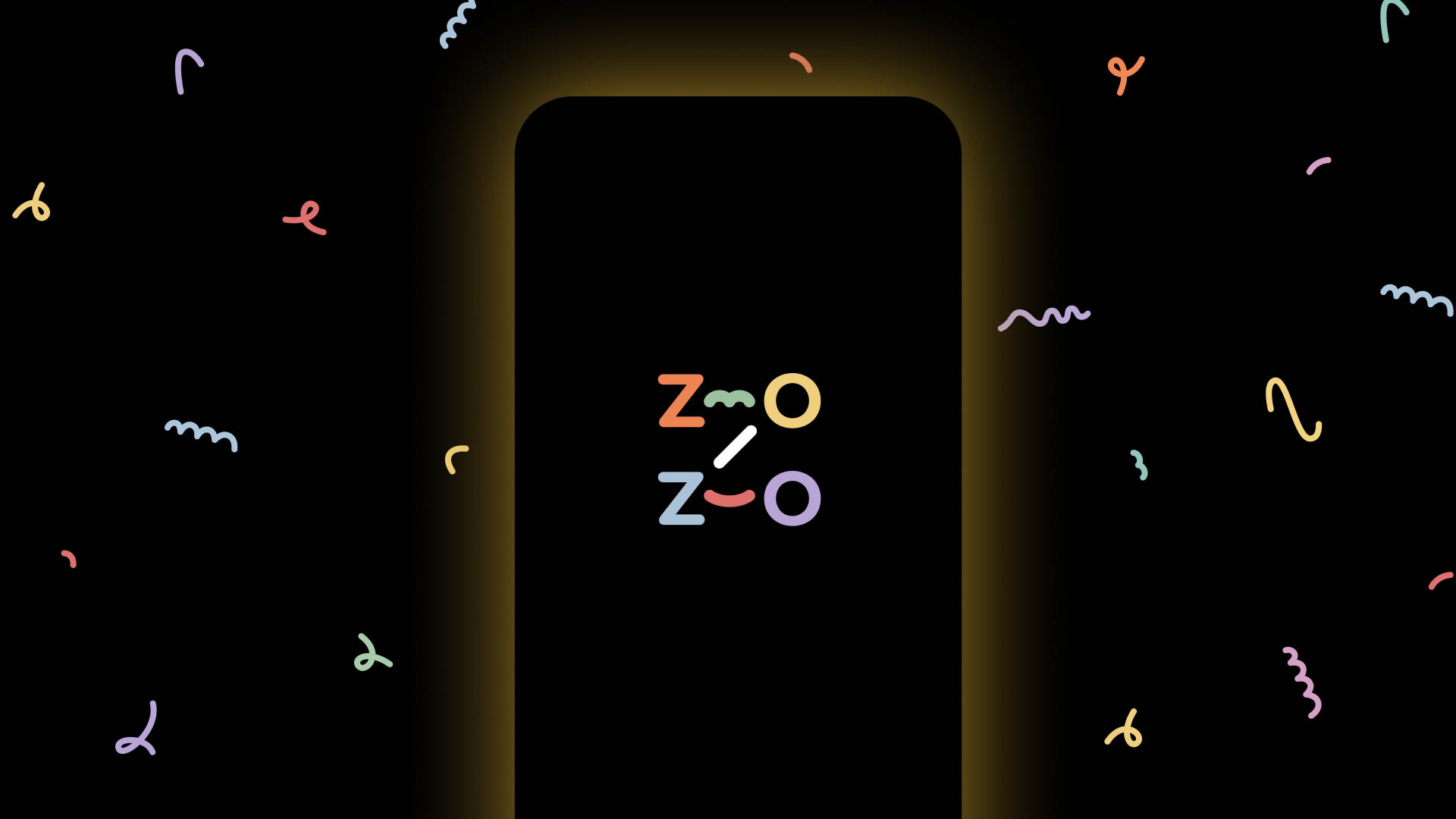 A black smartphone displays a colorful logo on its screen. The logo consists of the letters "ZOO" in a gradient of orange, yellow, pink, and purple, with a small white squiggle above the "O". The background is black with scattered multicolored confetti-like shapes. The phone has a yellow glow around its edges.