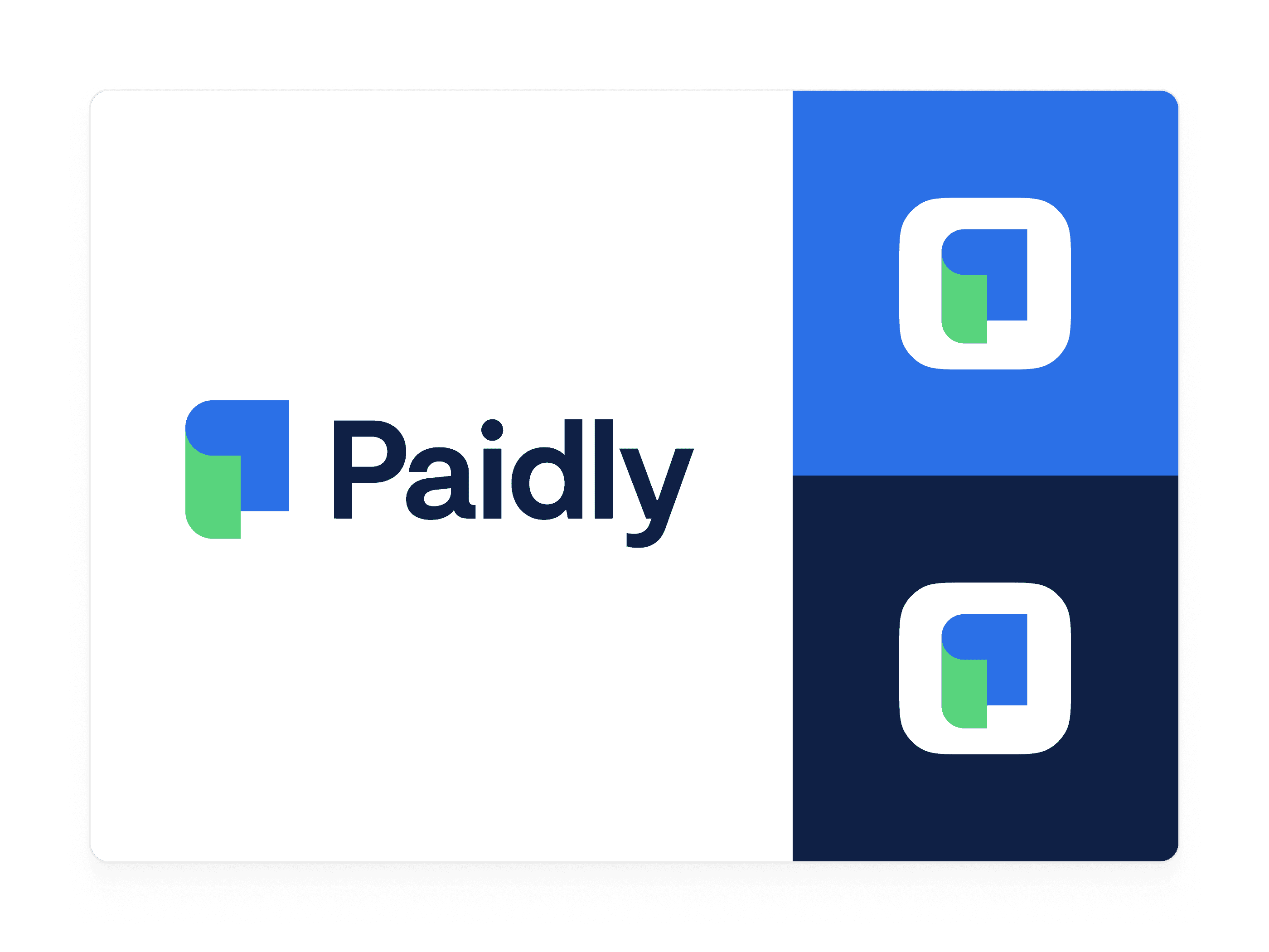 Paidly logo with blue and green icon variations.