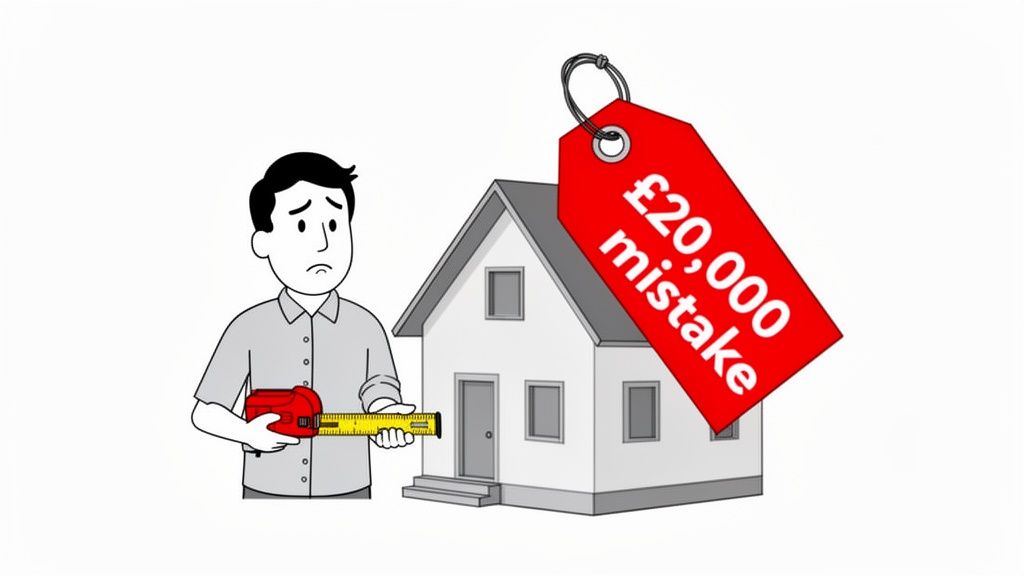 A sad cartoon man holds a tape measure next to a house with a '£20,000 mistake' tag.