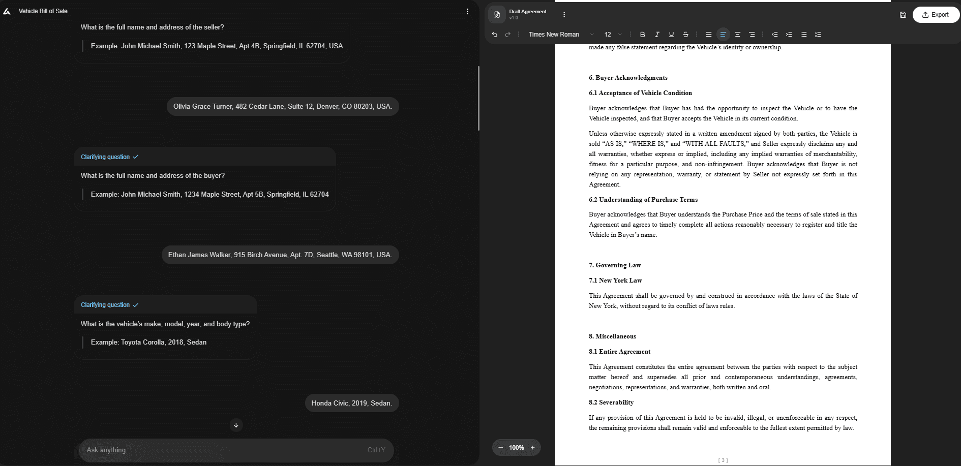 Split-screen interface showing an AI Lawyer collecting seller, buyer, and vehicle details for a vehicle bill of sale while generating the draft agreement on the right.