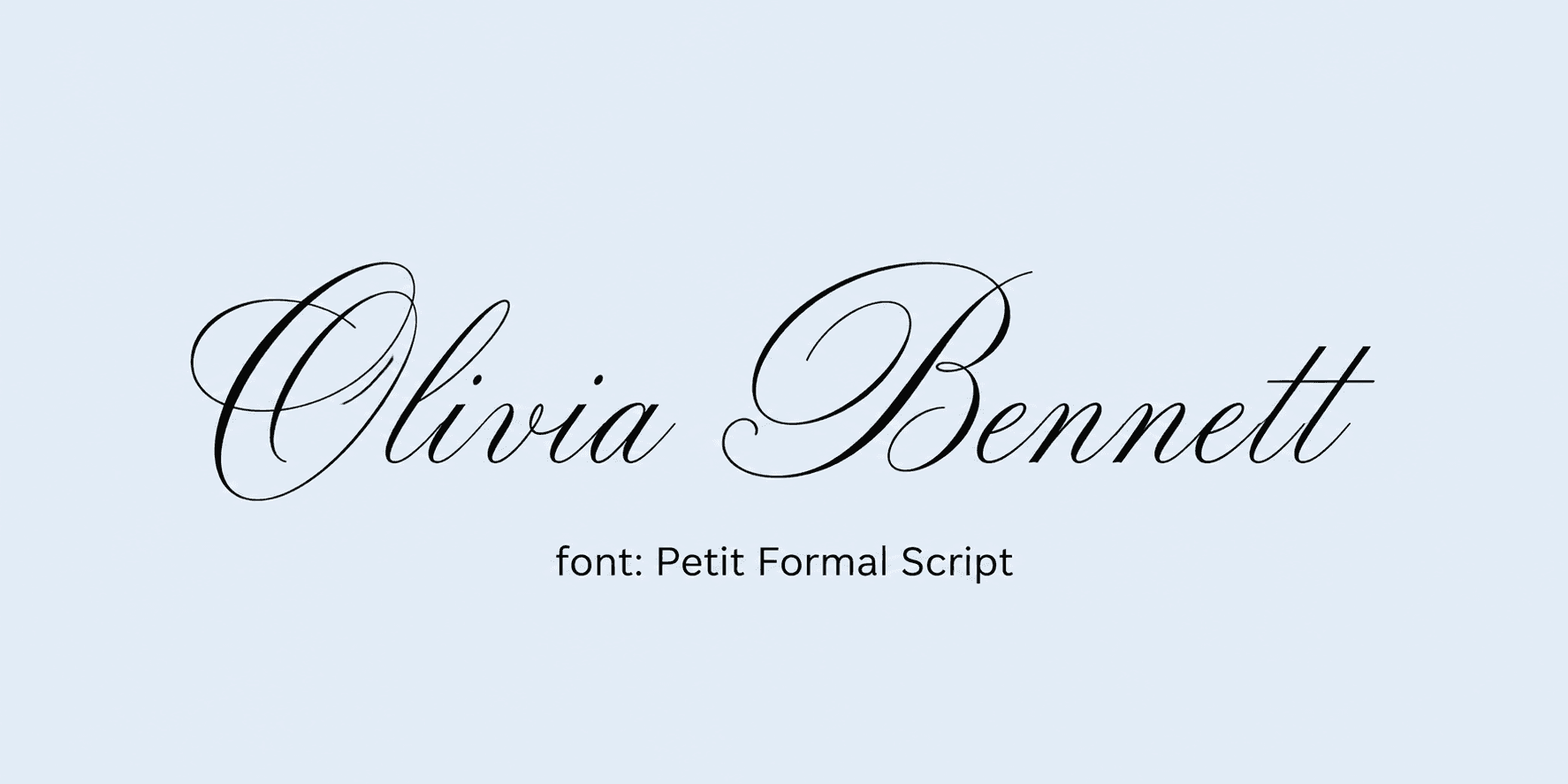 Sample name signed in a cursive signature font on a light background, with the font name labeled below.