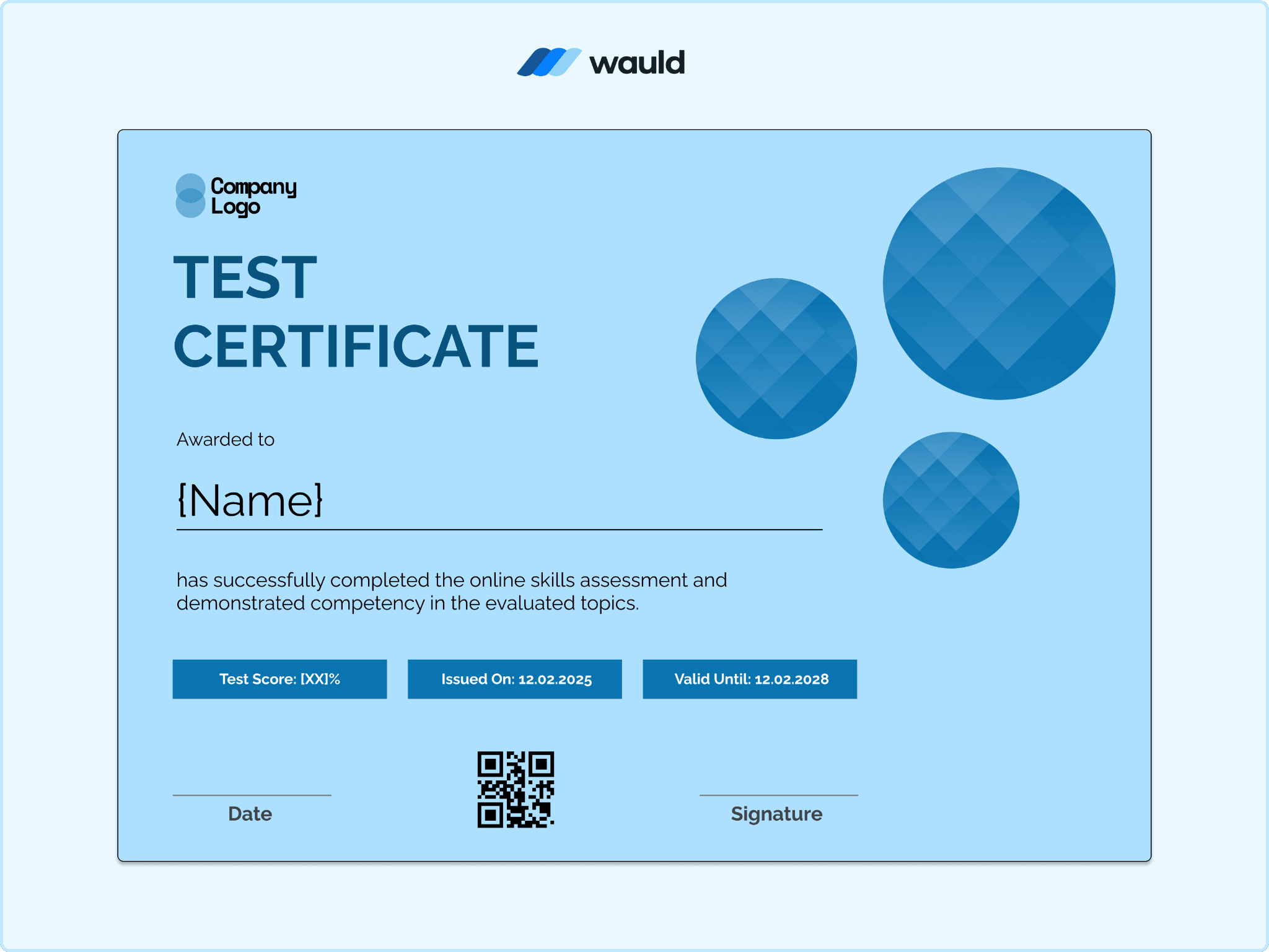 Test certificate template with pale blue circle pattern background