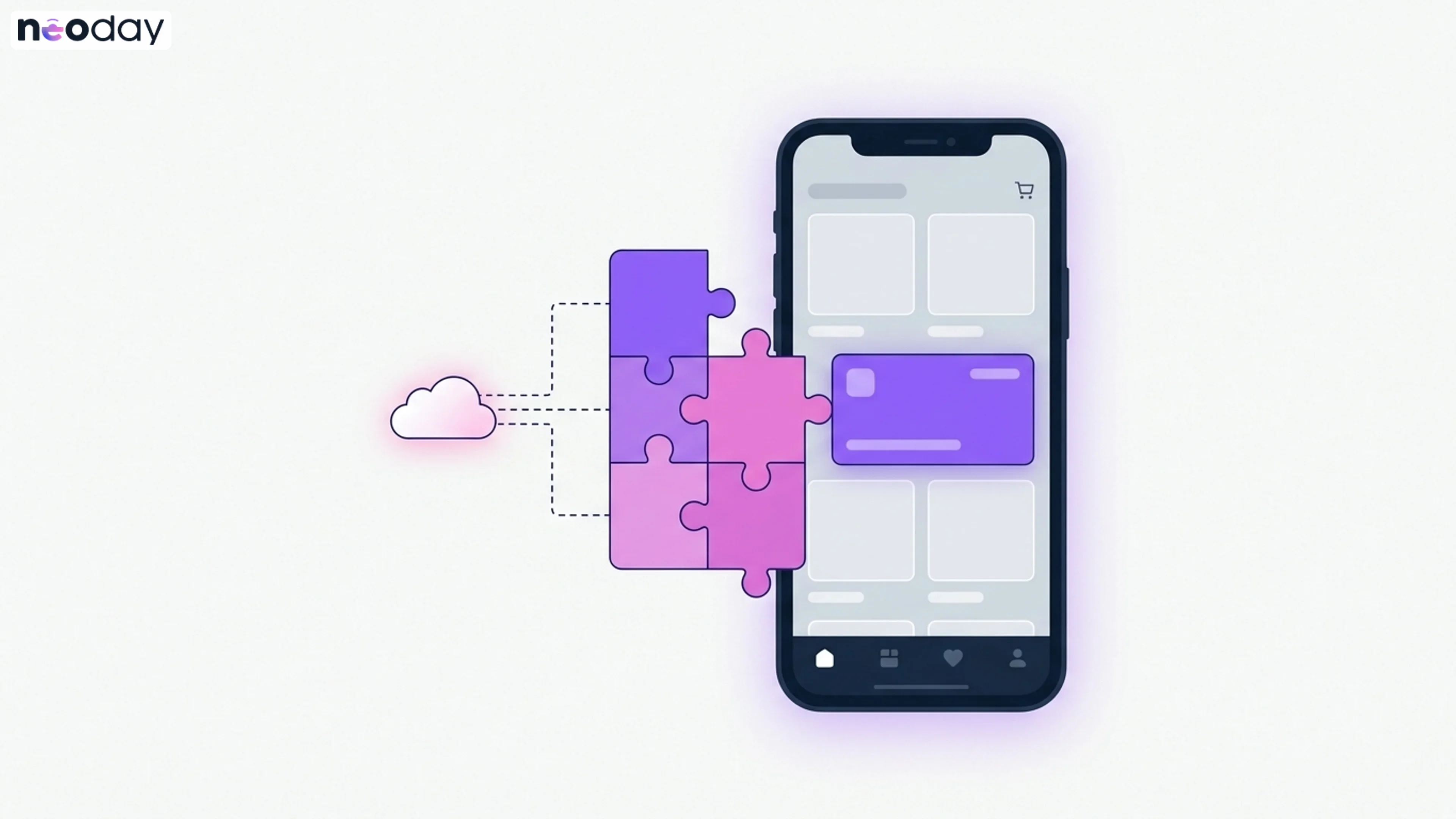 A retail app on a phone with loyalty screens added through an SDK, showing a home card, challenges and a scan code