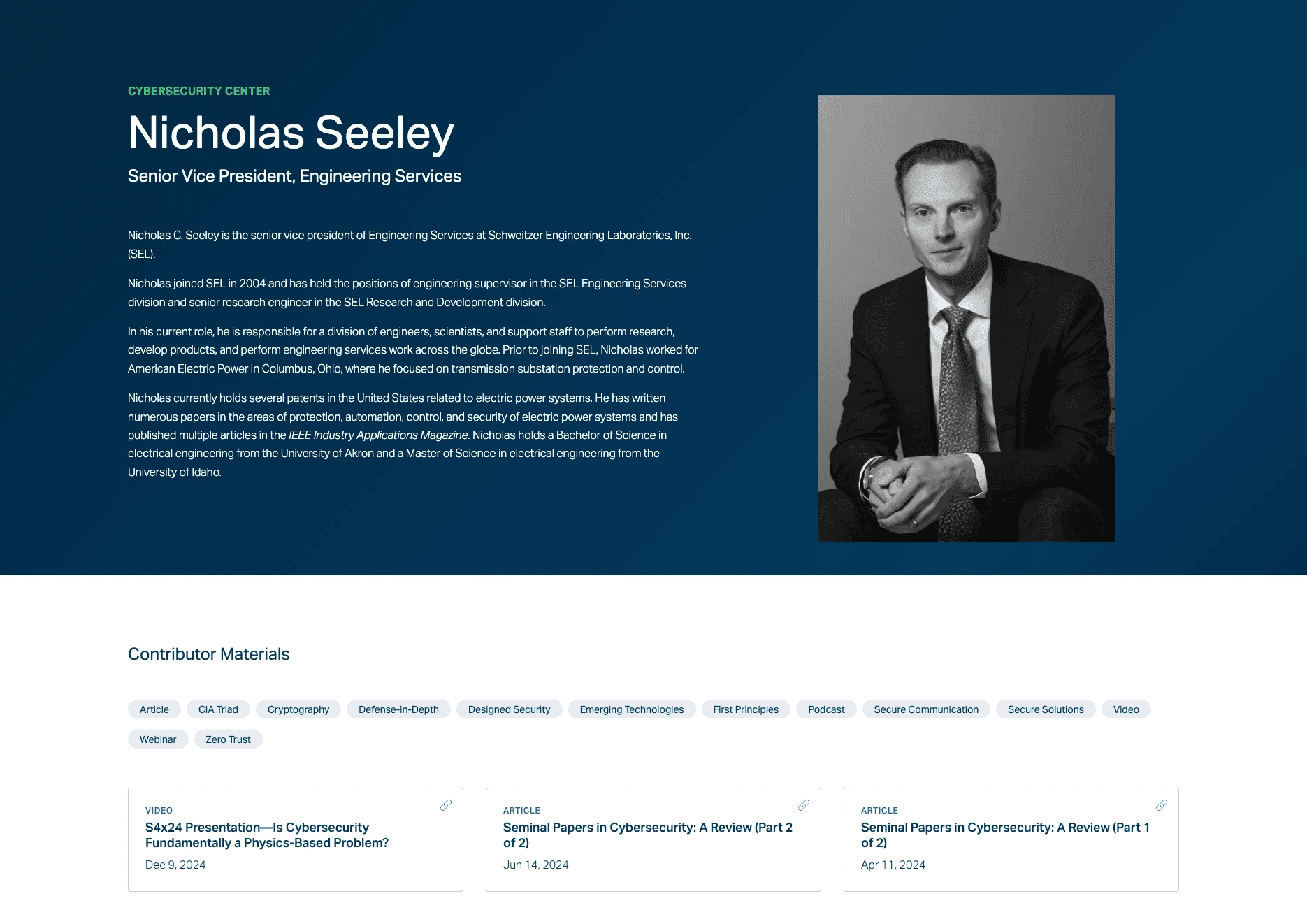 A screenshot of an author page from the cybersecurity center