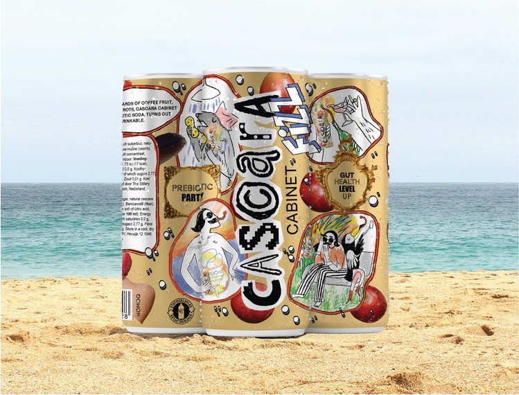 Cascara Cabinet cans on a sunny beach — prebiotic soda made from upcycled coffee cherries, refreshing and gut-friendly for summer days.