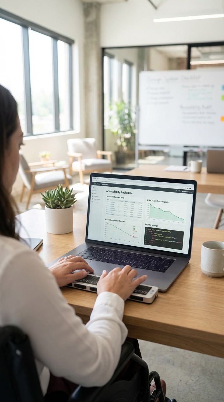 A designer and developer collaborate at a wooden desk in a modern office. The woman uses a stylus on a tablet showing a design system, while the man points at code on his laptop. A large monitor between them displays a UI component with its color contrast ratio, and a "Design System Checklist" is on a whiteboard behind them.