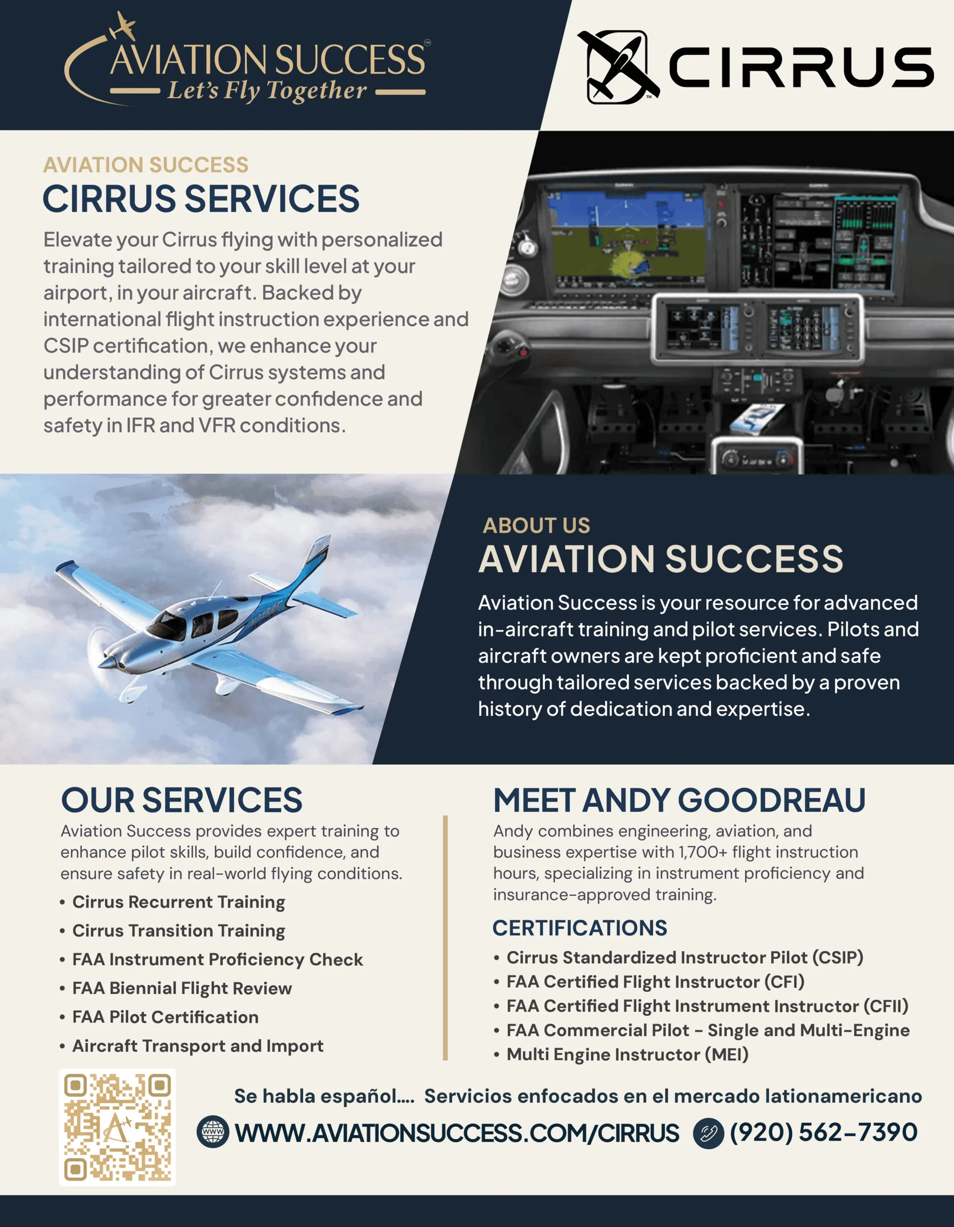 Aviation Success Cirrus services flyer showing Garmin avionics, a Cirrus aircraft in flight, and CSIP training options.