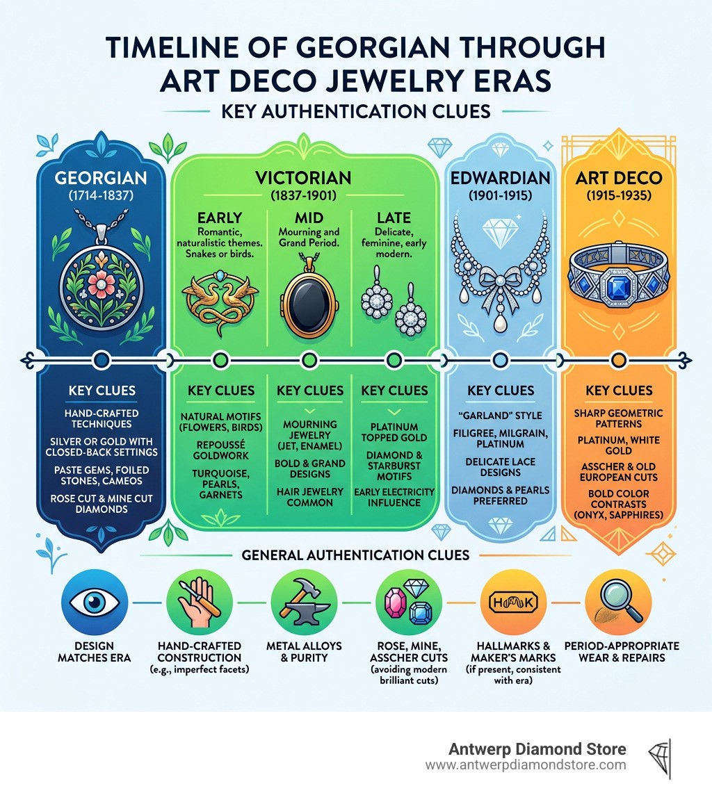 Timeline of Georgian through Art Deco jewelry eras and key authentication clues infographic