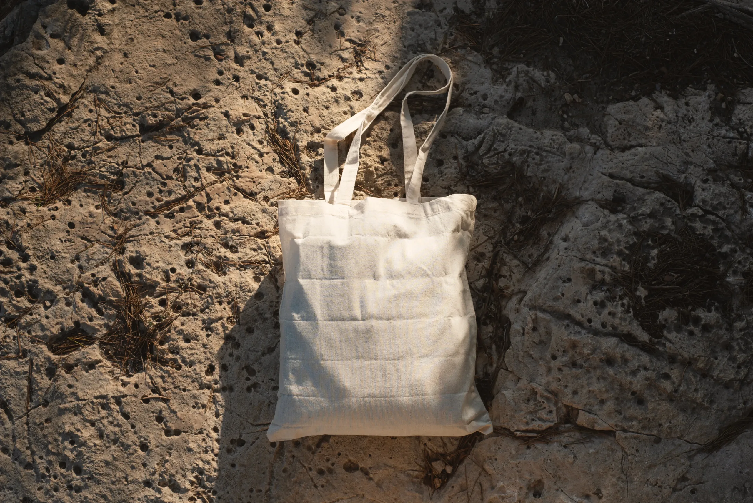 Mockup of a natural cotton tote bag placed on a rugged, sunlit rock surface. The earthy tones and soft shadows create a rustic, eco-friendly aesthetic, perfect for showcasing sustainable product designs.