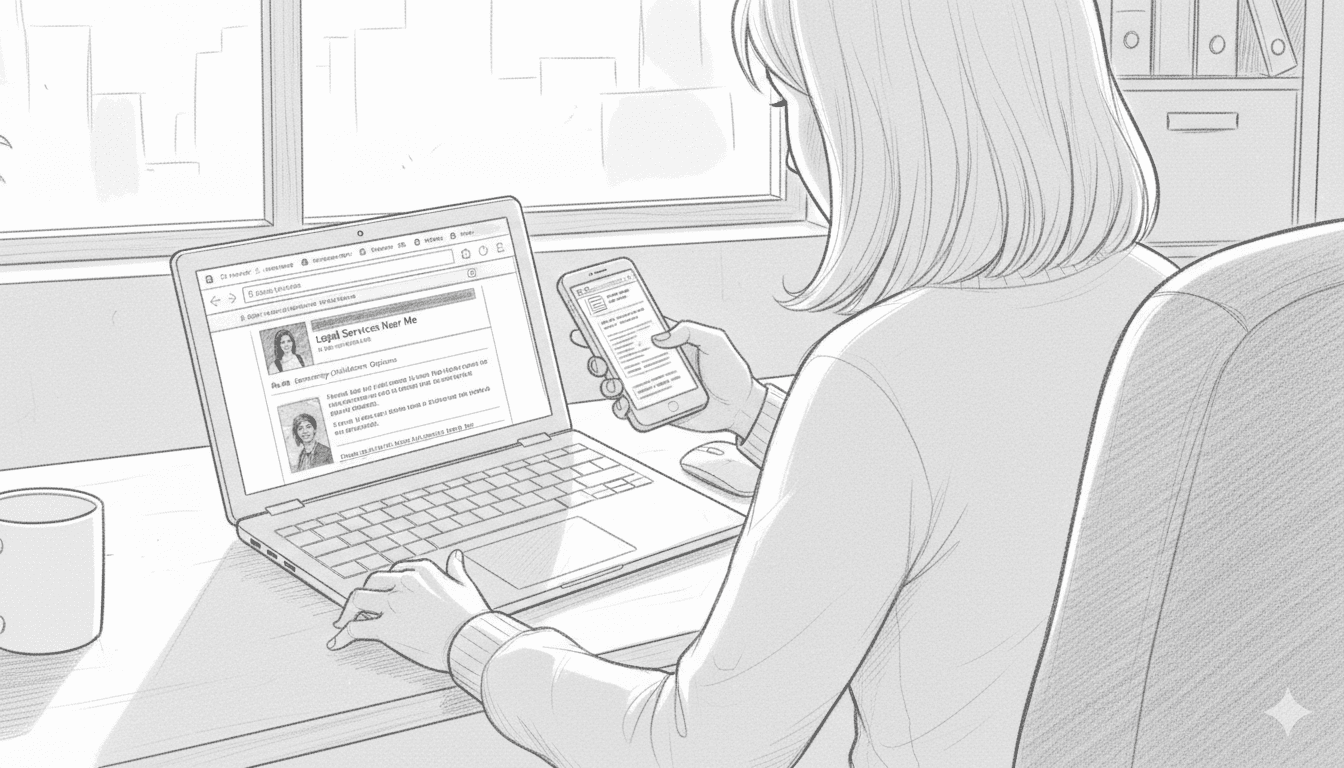 An over-the-shoulder pencil sketch of a woman at a desk, looking at both a laptop and a smartphone. The laptop screen displays a search for "Legal Services Near Me," while the phone shows a detailed list. The setting is a bright office with a window and a bookshelf in the background.