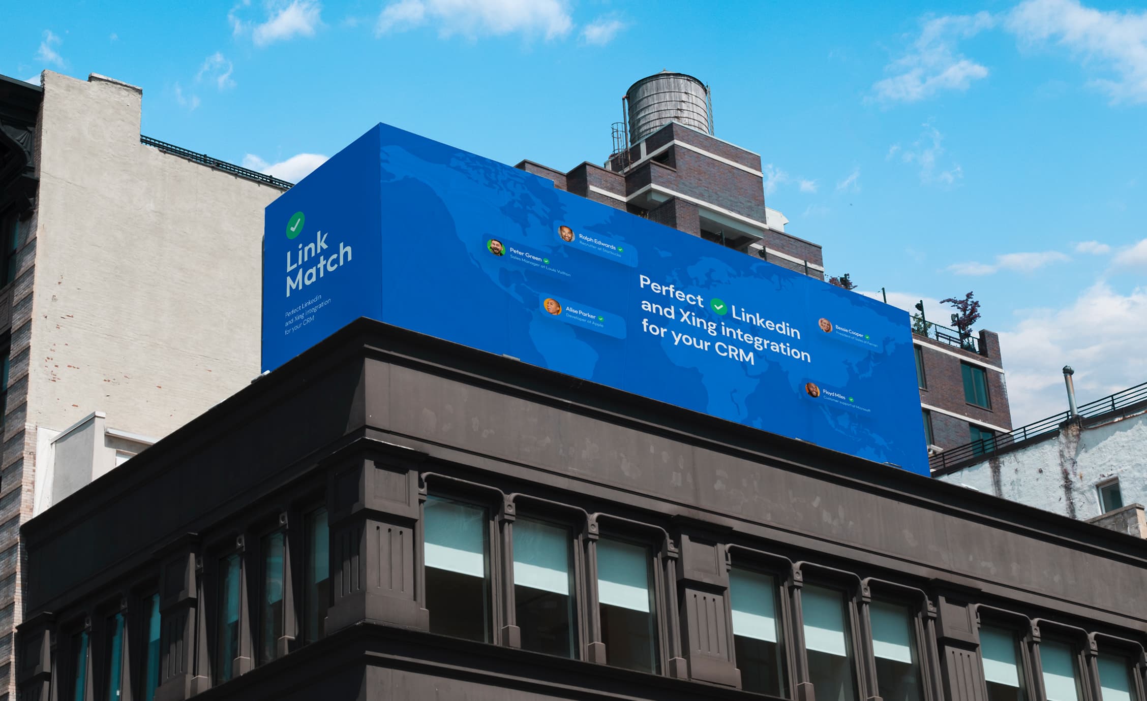 LinkMatch outdoor billboard promoting LinkedIn and Xing CRM integration on a city rooftop