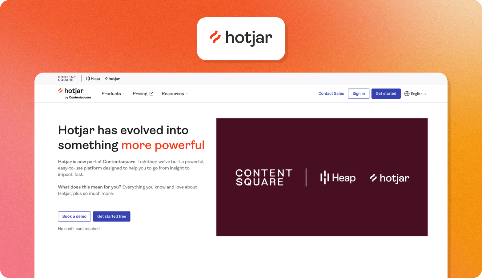Screenshot of the Hotjar website homepage with the headline "Hotjar has evolved into something more powerful," noting its merger with Contentsquare and Heap.