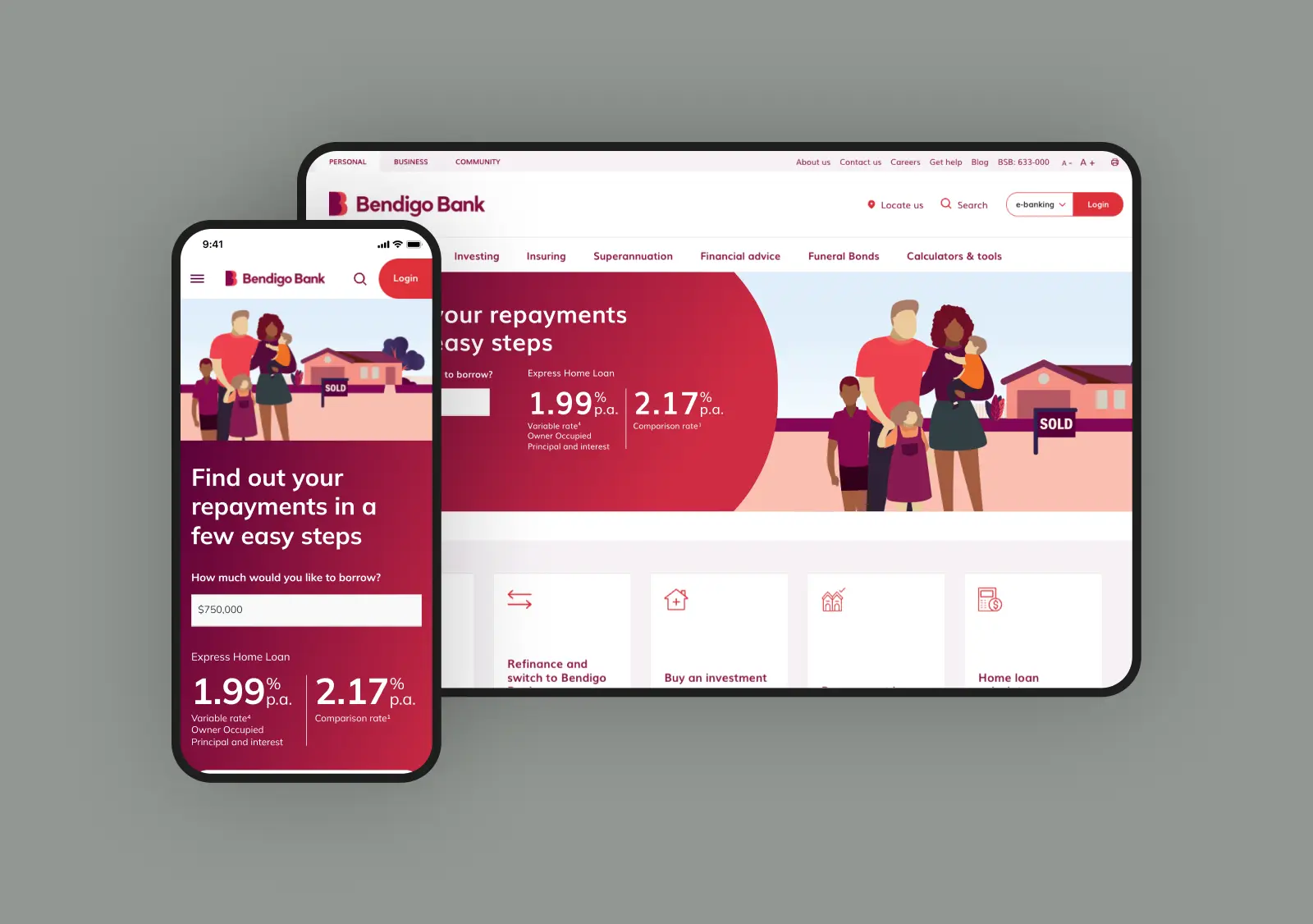Desktop and mobile screens of new home loan landing page for Bendigo Bank