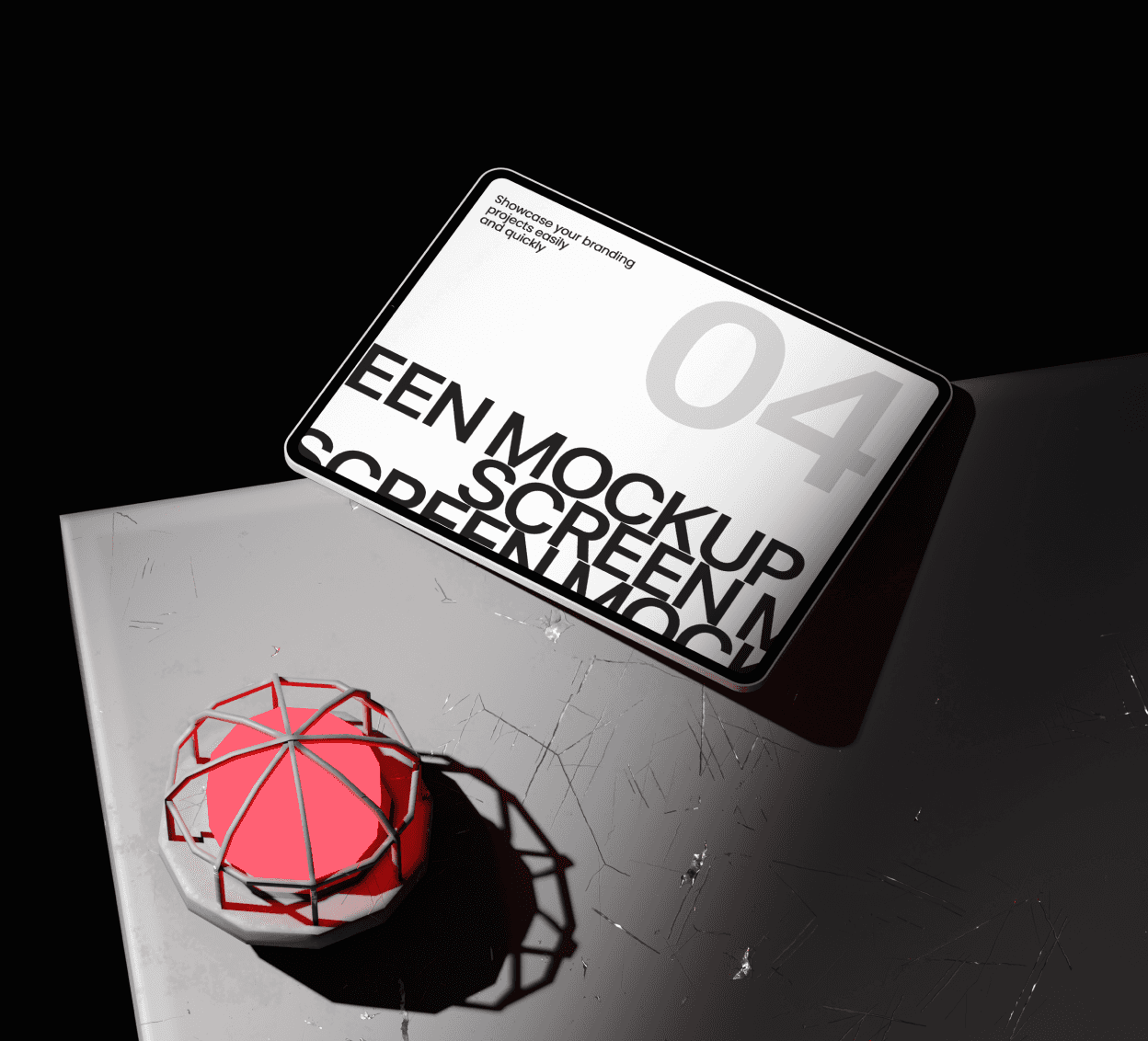 A minimalist square card or screen mockup displaying "04" and bold typography, placed on a dark grey surface next to a red geometric wireframe object in a high-contrast studio setting.