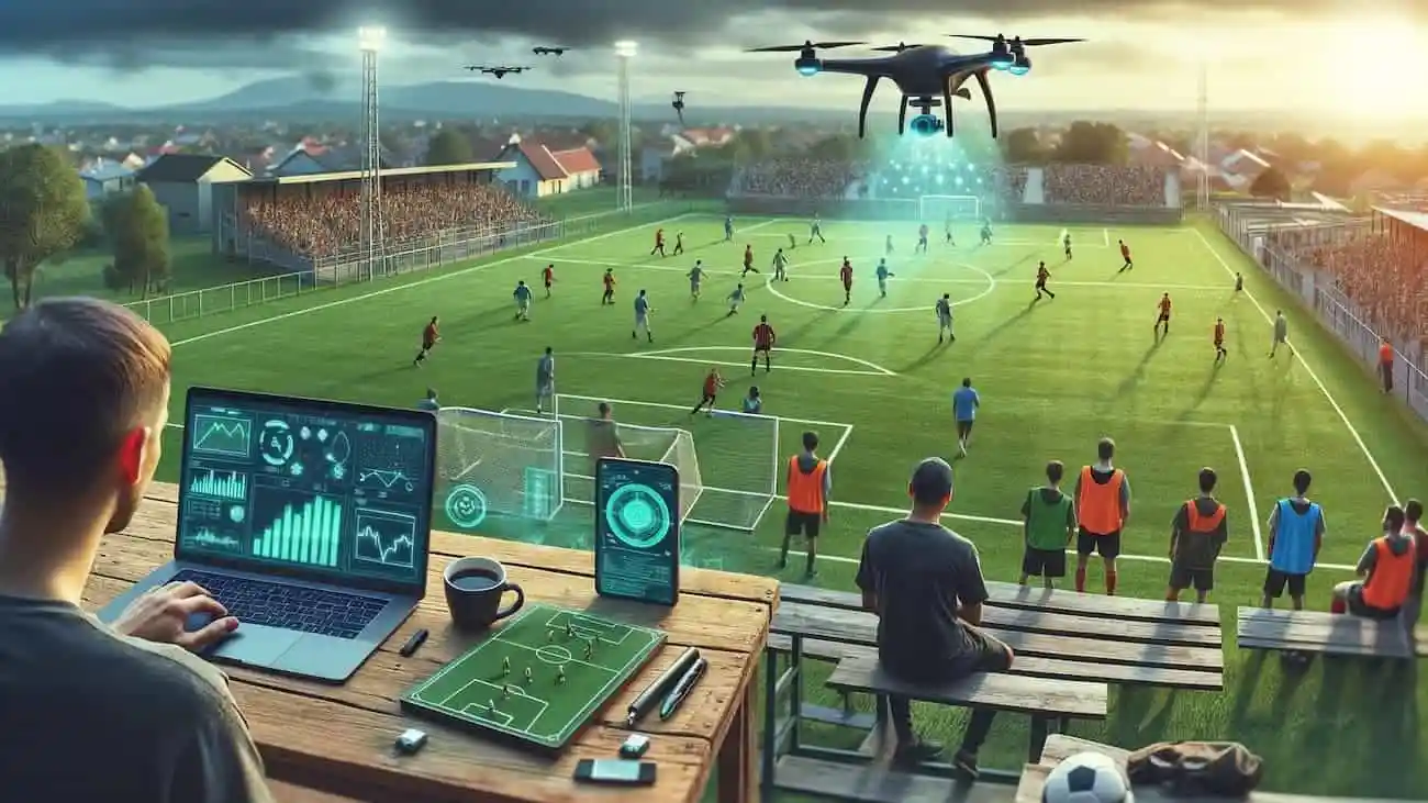 Eine futuristische Fußballtrainingseinheit mit einem Live-Match auf einem gut beleuchteten Feld. Im Vordergrund sitzt ein Trainer mit einem Laptop, der fortschrittliche Datenanalysen und Sport-Metriken anzeigt, während Drohnen über dem Feld schweben und Echtzeitaufnahmen des Spiels erfassen. Andere Trainer und Spieler beobachten von der Seitenlinie, was die Integration von KI und Technologie im modernen Sporttraining hervorhebt.