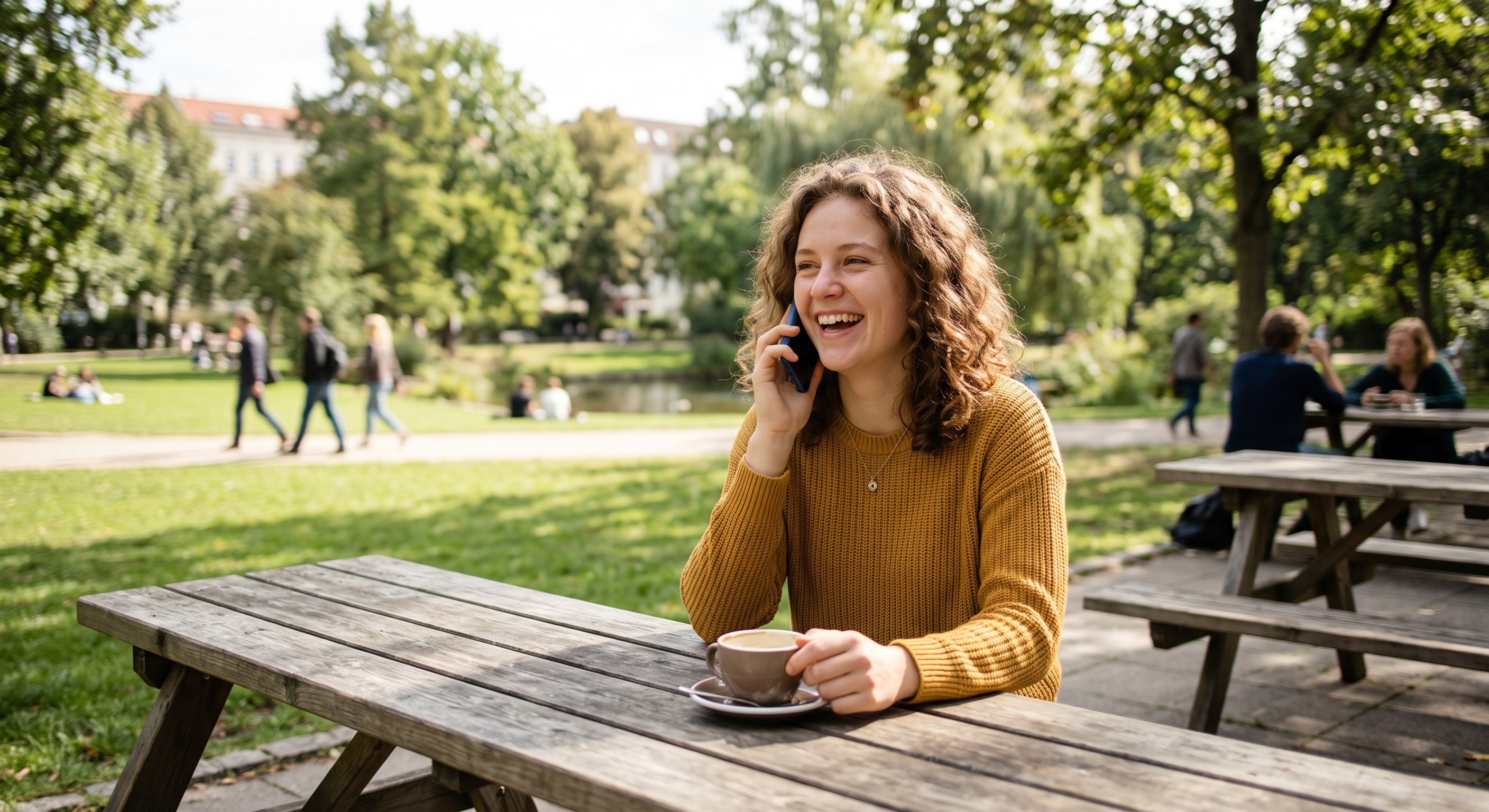 Eine lachende junge Frau mit lockigem Haar und gelbem Strickpullover sitzt an einem Holztisch in einem sonnigen Park, hält eine Kaffeetasse und telefoniert mit ihrem Smartphone.