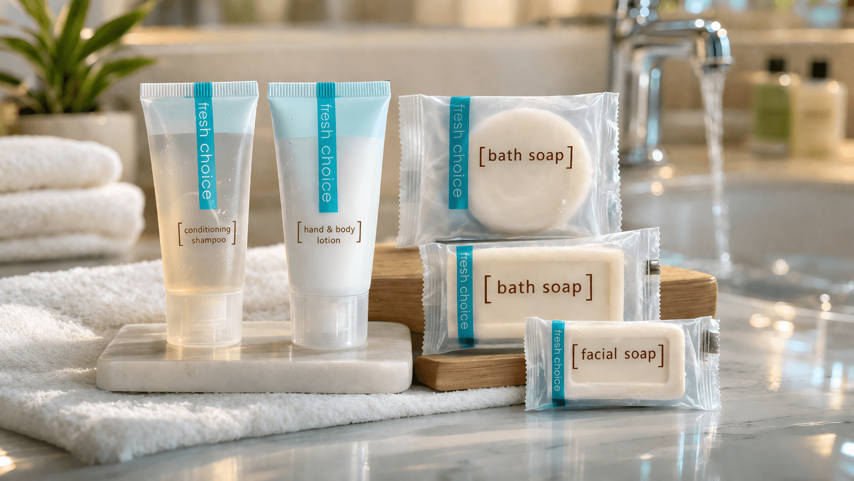 Restore Daily Care Spa hotel amenities collection with aloe-inspired setting, featuring shampoo, conditioner, body wash, lotion, and a smaller wrapped body bar on a stone tray in a relaxing spa environment