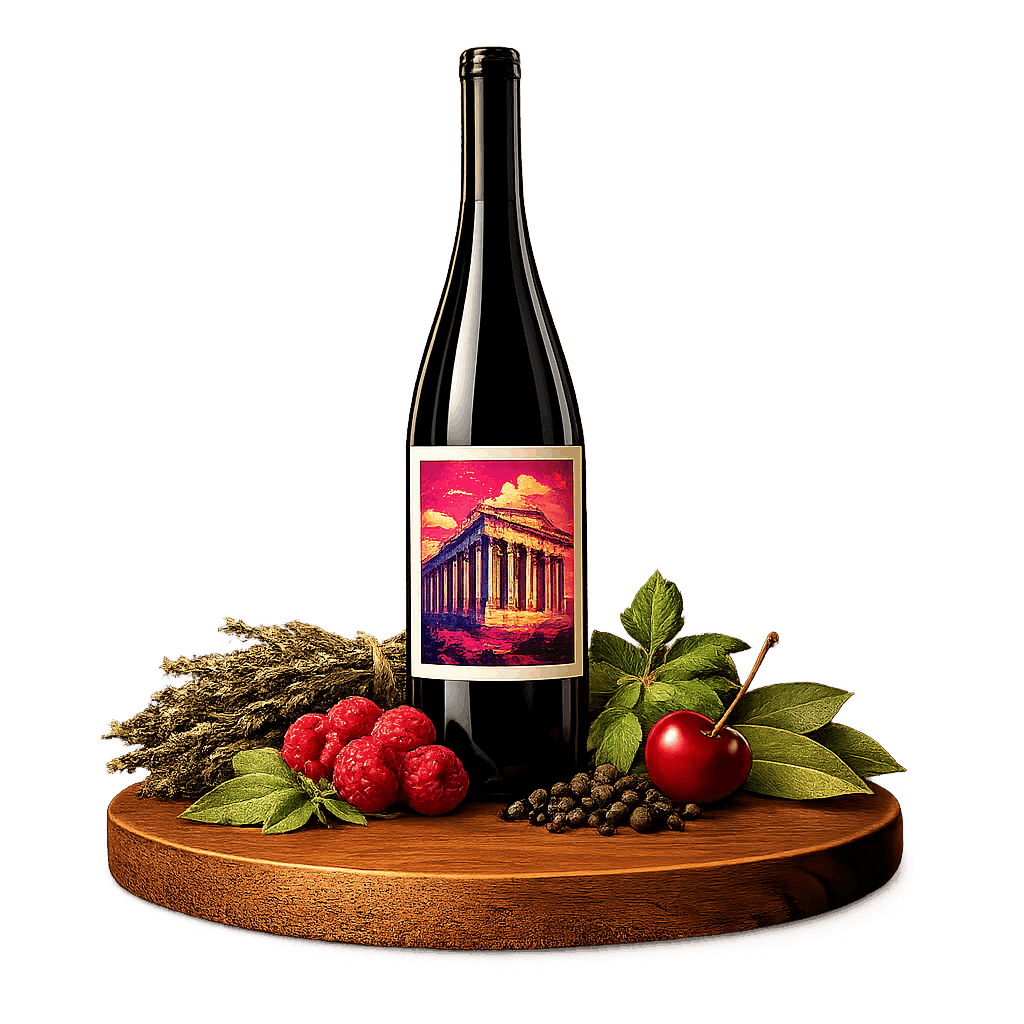 Artistic label and flavor profile for Greek Limnio on a rustic wooden table.