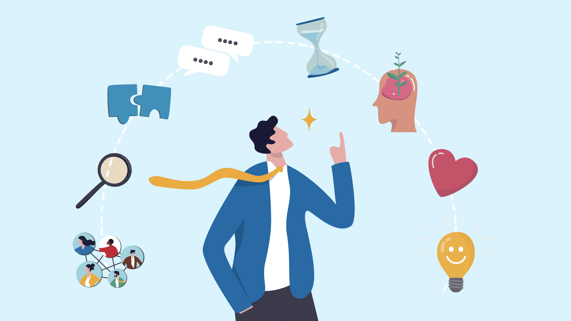 Annimated graphic of man pointing up at several icons including an hourglass, heart, lightbulb, etc. 