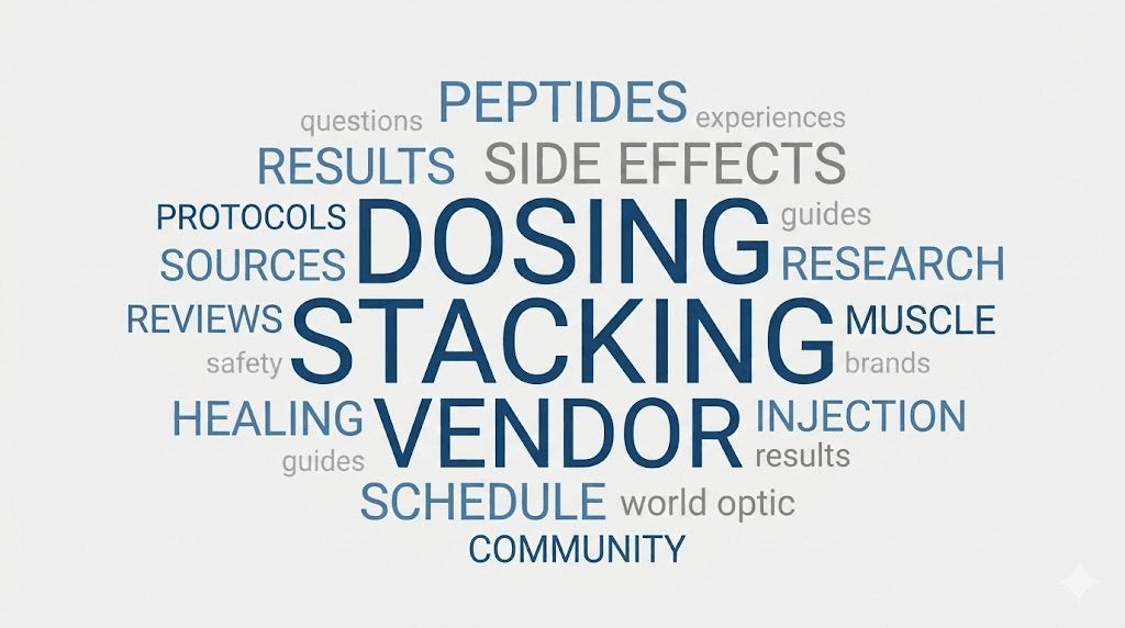 Common peptide forum discussion topics word cloud showing popular conversation themes