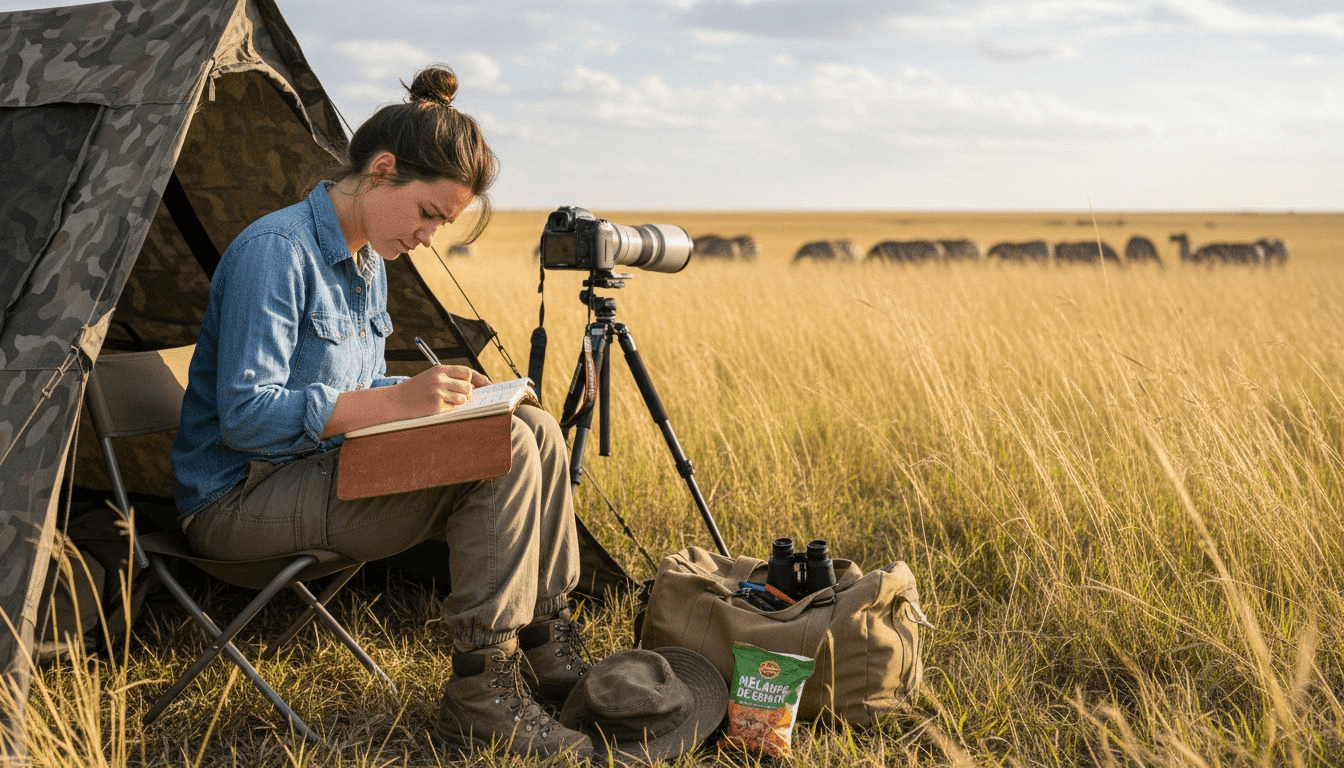 Un voyageur prend des notes sur les animaux observés lors d’un safari.