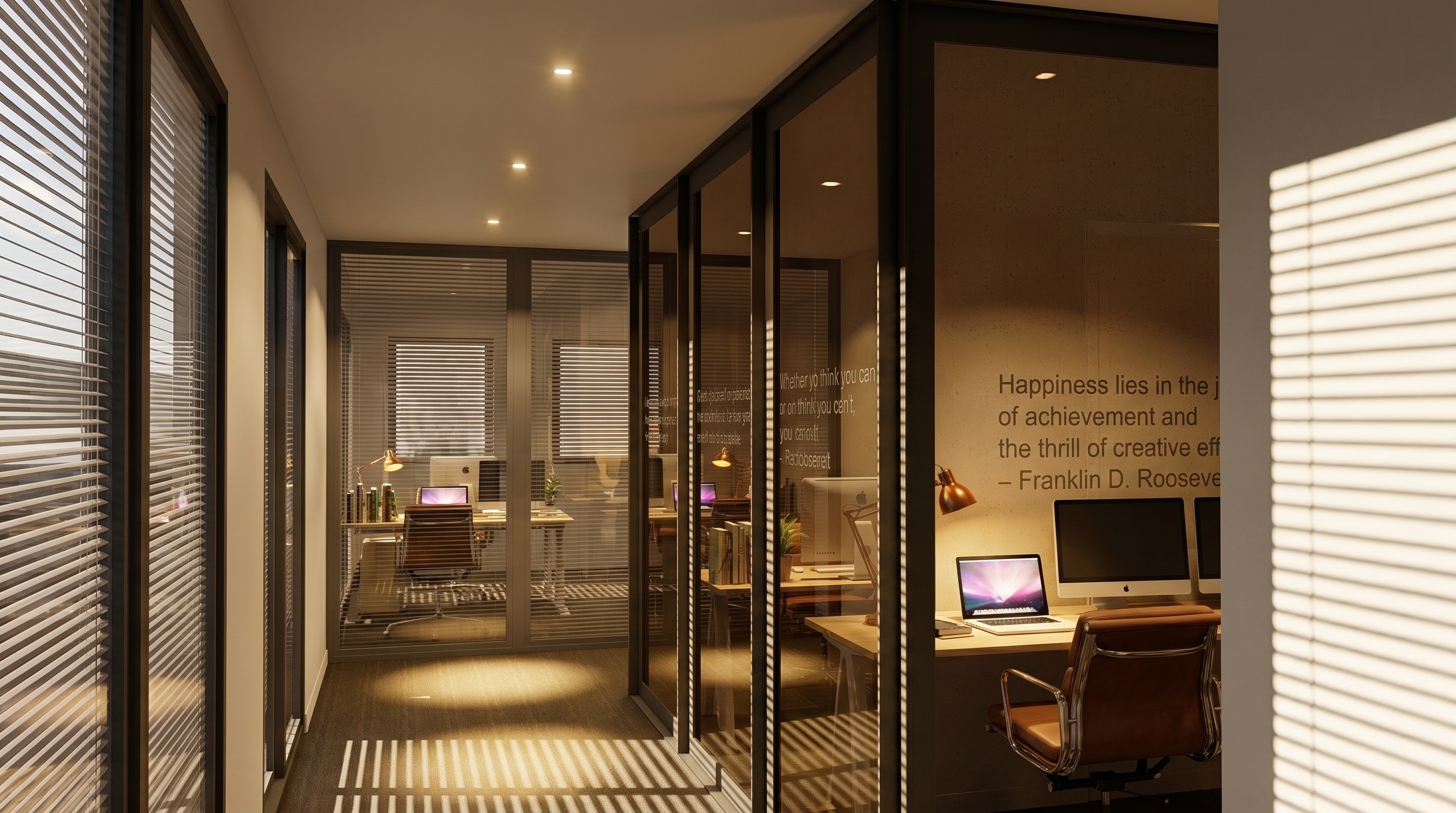 ffice interior in Cyprus with glass partitions, private work rooms, daylight control, and warm architectural lighting