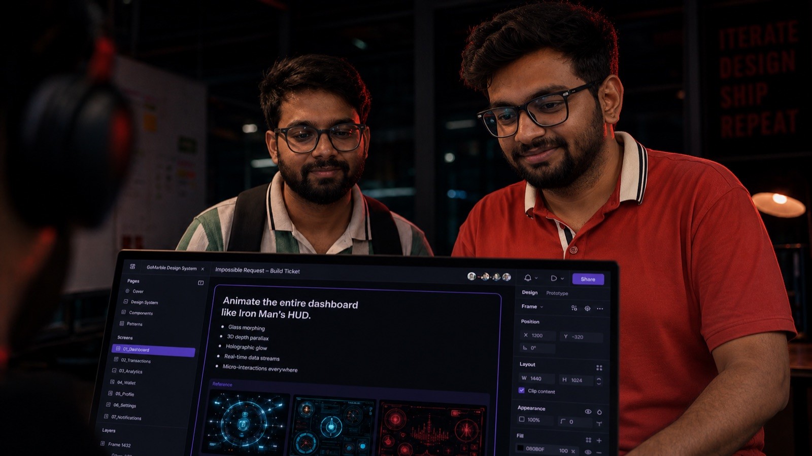 Two GoMarble engineers reviewing a bold product design