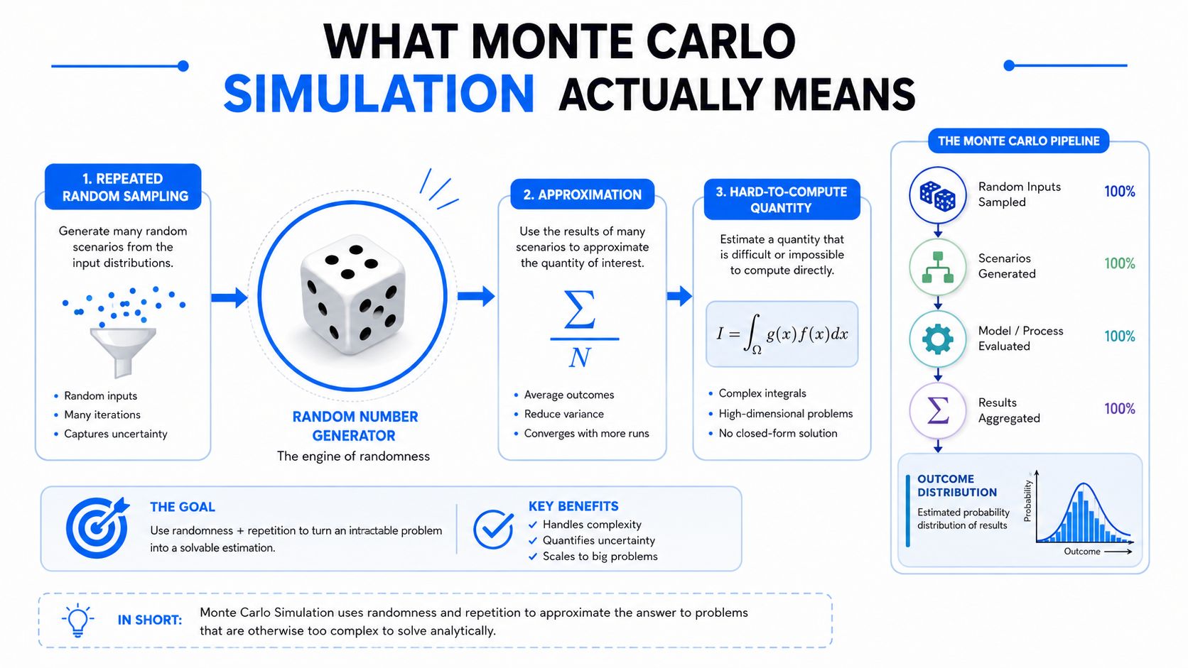 An infographic explaining the Monte Carlo simulation process using random sampling, approximation, and complex mathematical integration.
