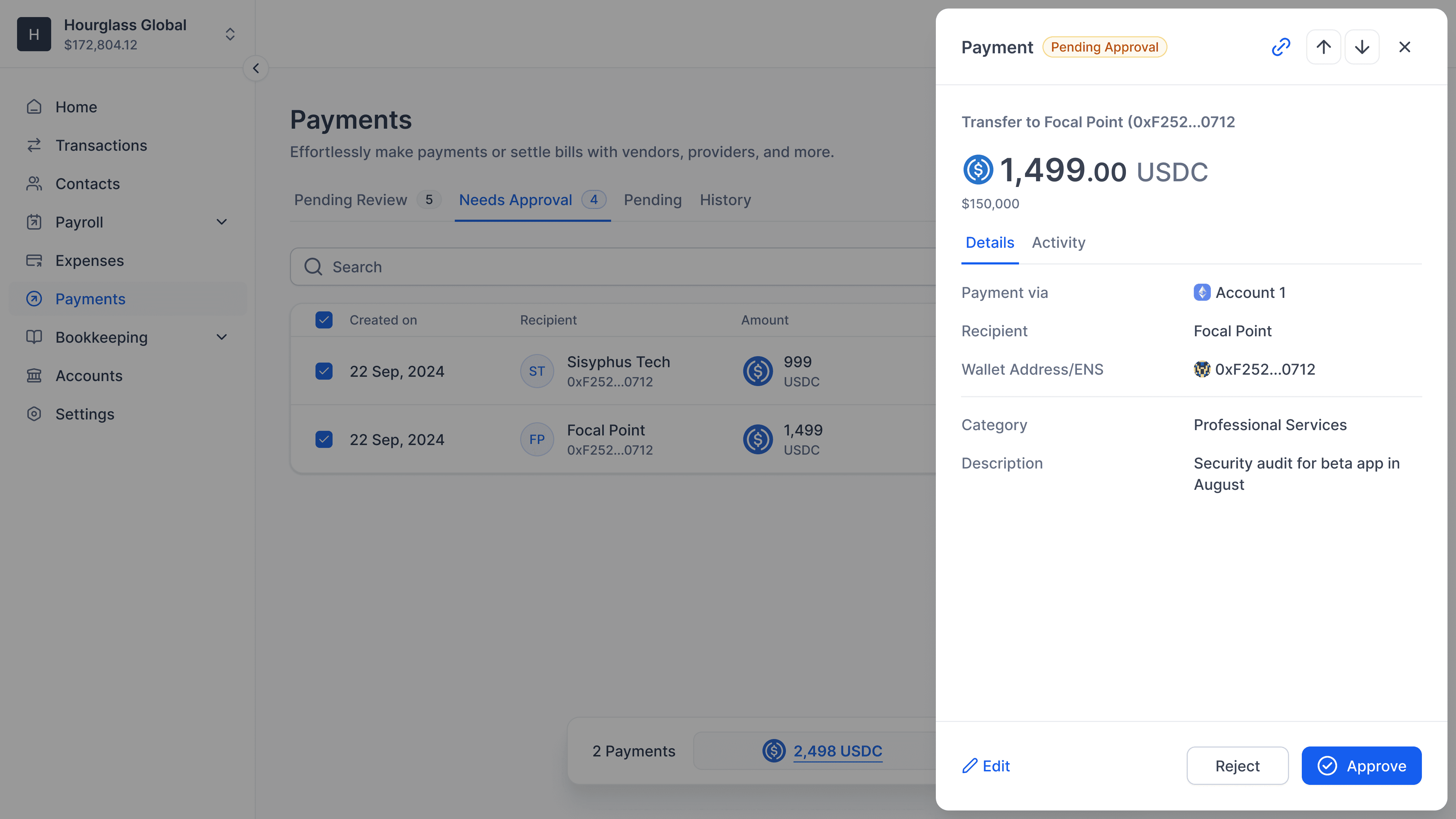 A side drawer showing details of a bill payment seeking approval.