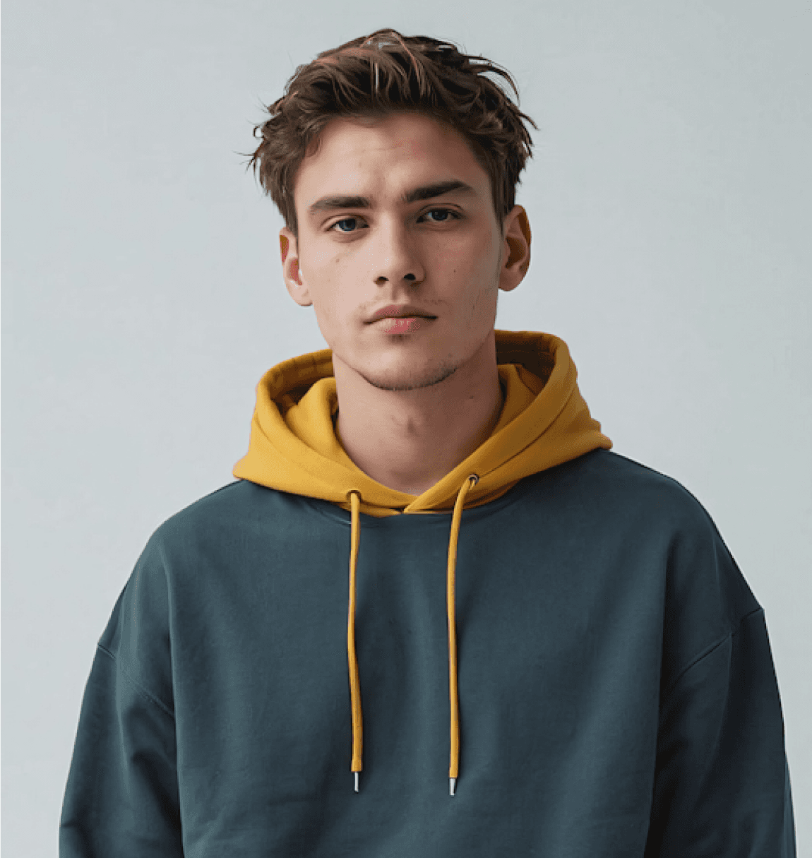A young man in a gray and yellow hoodie, looking at the camera.