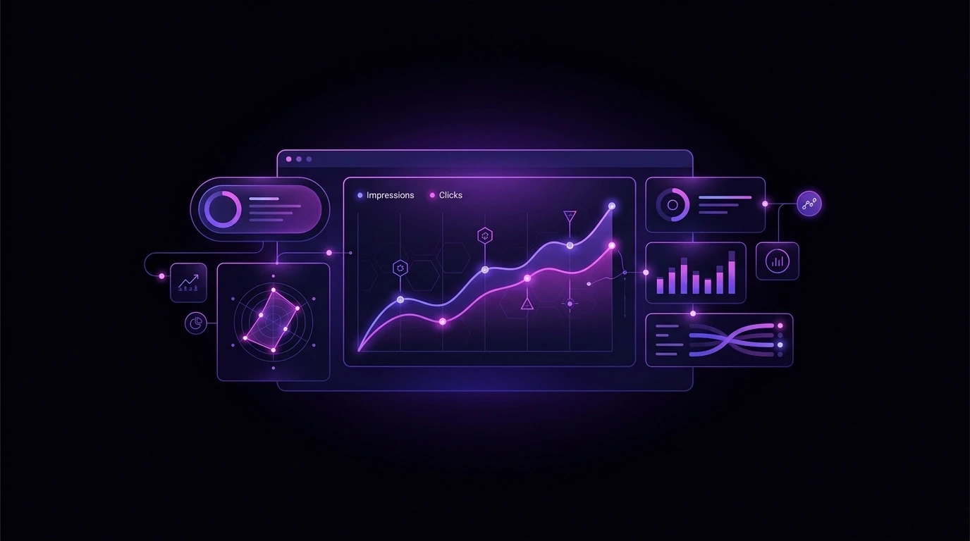 a modern purple gradient image of a console showing clicks and impressions