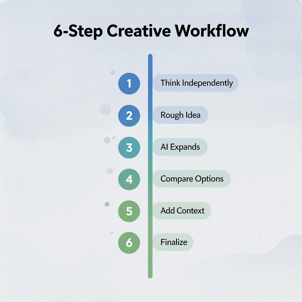 Numbered steps showing the 6-step human-led creative workflow