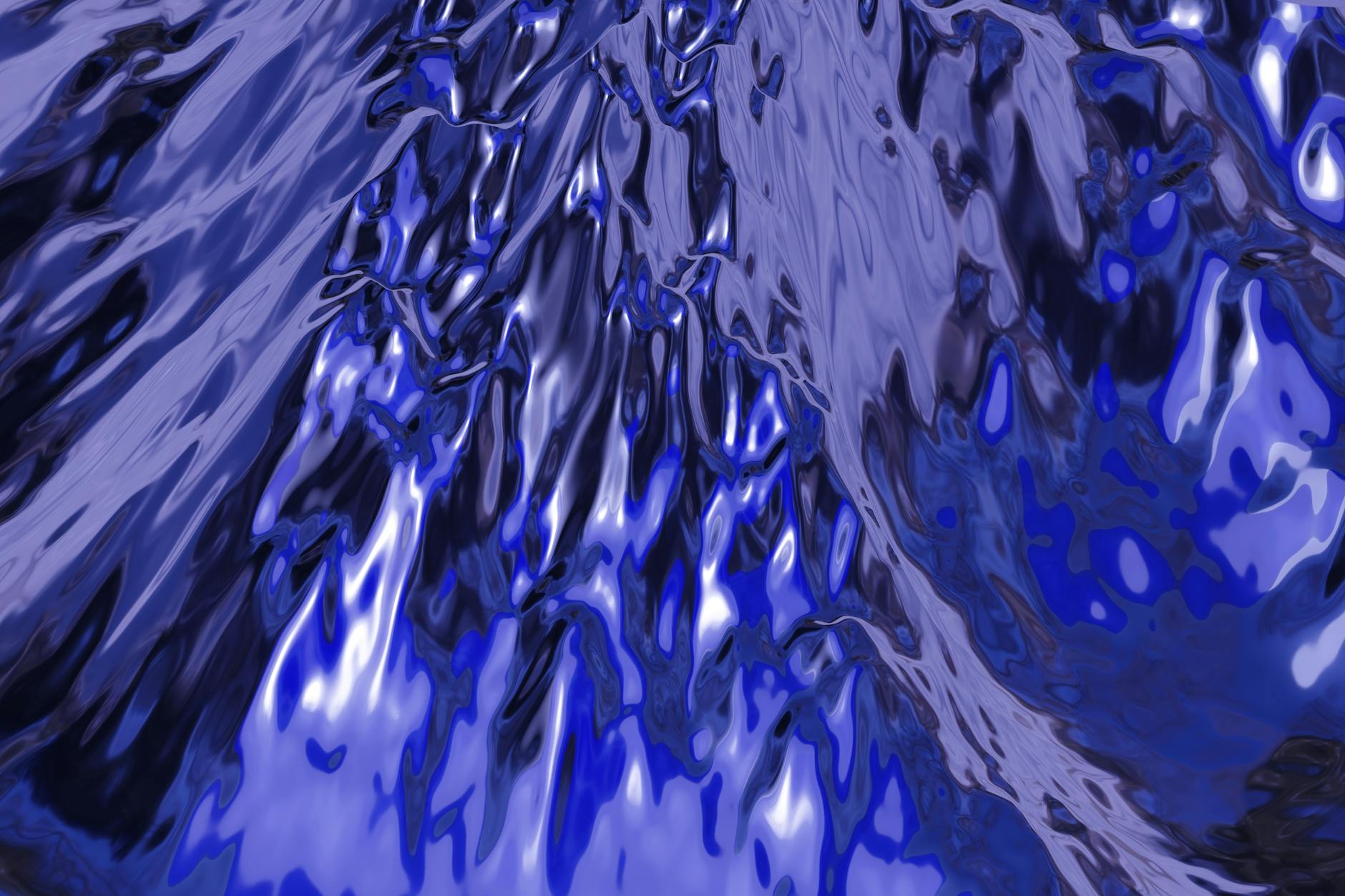 Dynamic abstract artwork featuring vibrant blue liquid-like textures with a reflective quality.