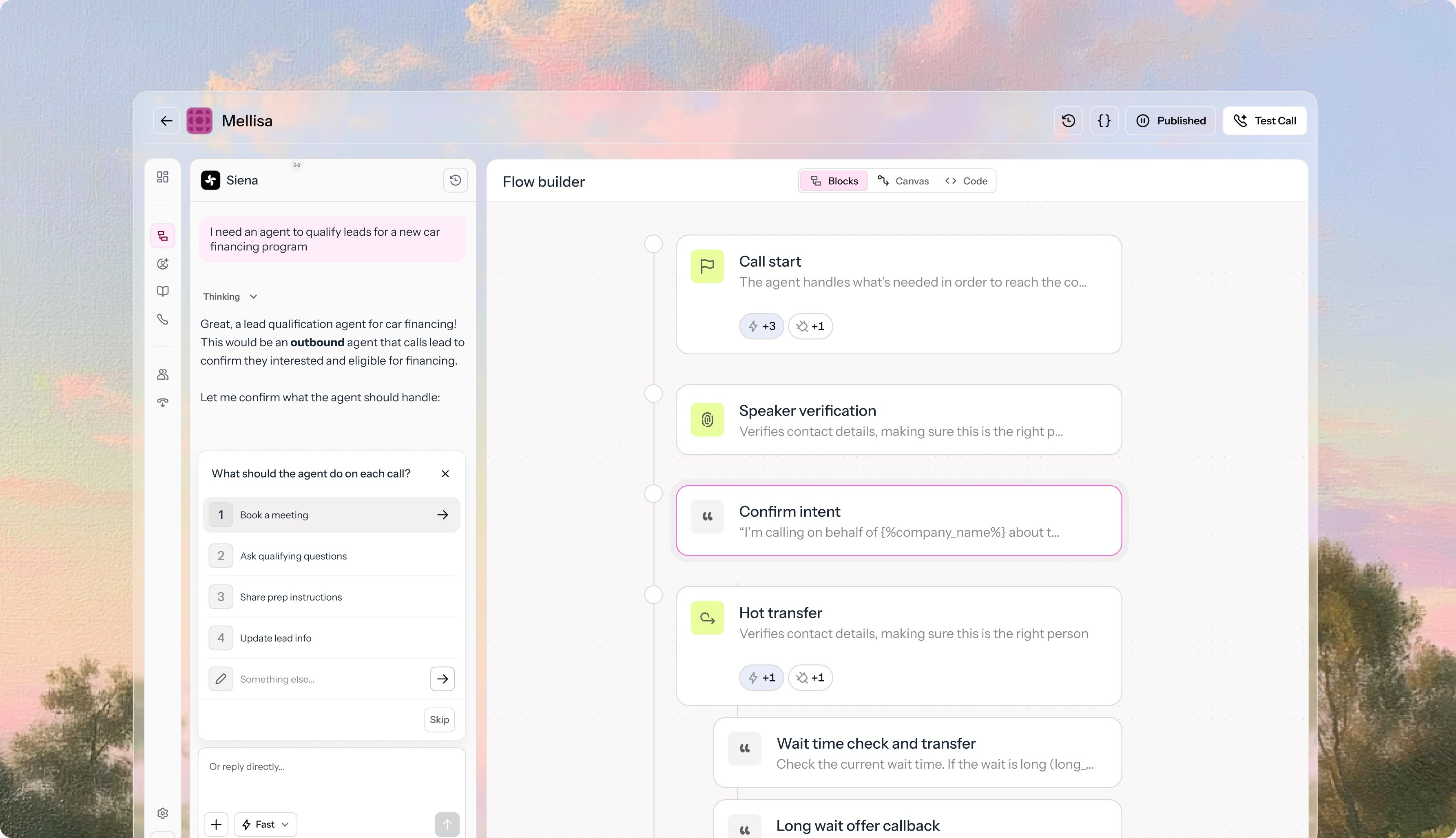 Visual editing canvas for building the call flow