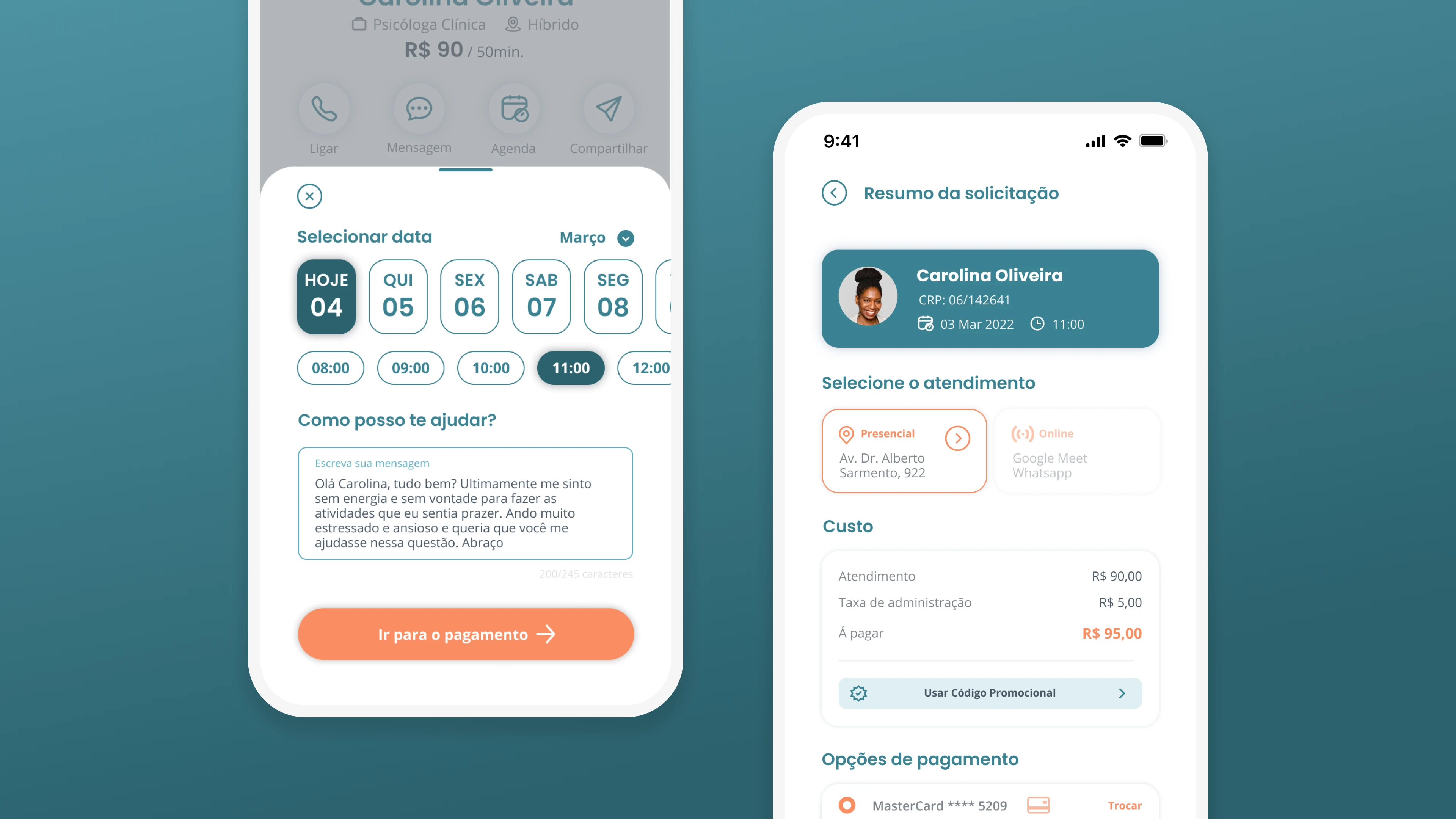 Screens showing date and time selection for a session with "Carolina Oliveira" and a session summary with payment details.