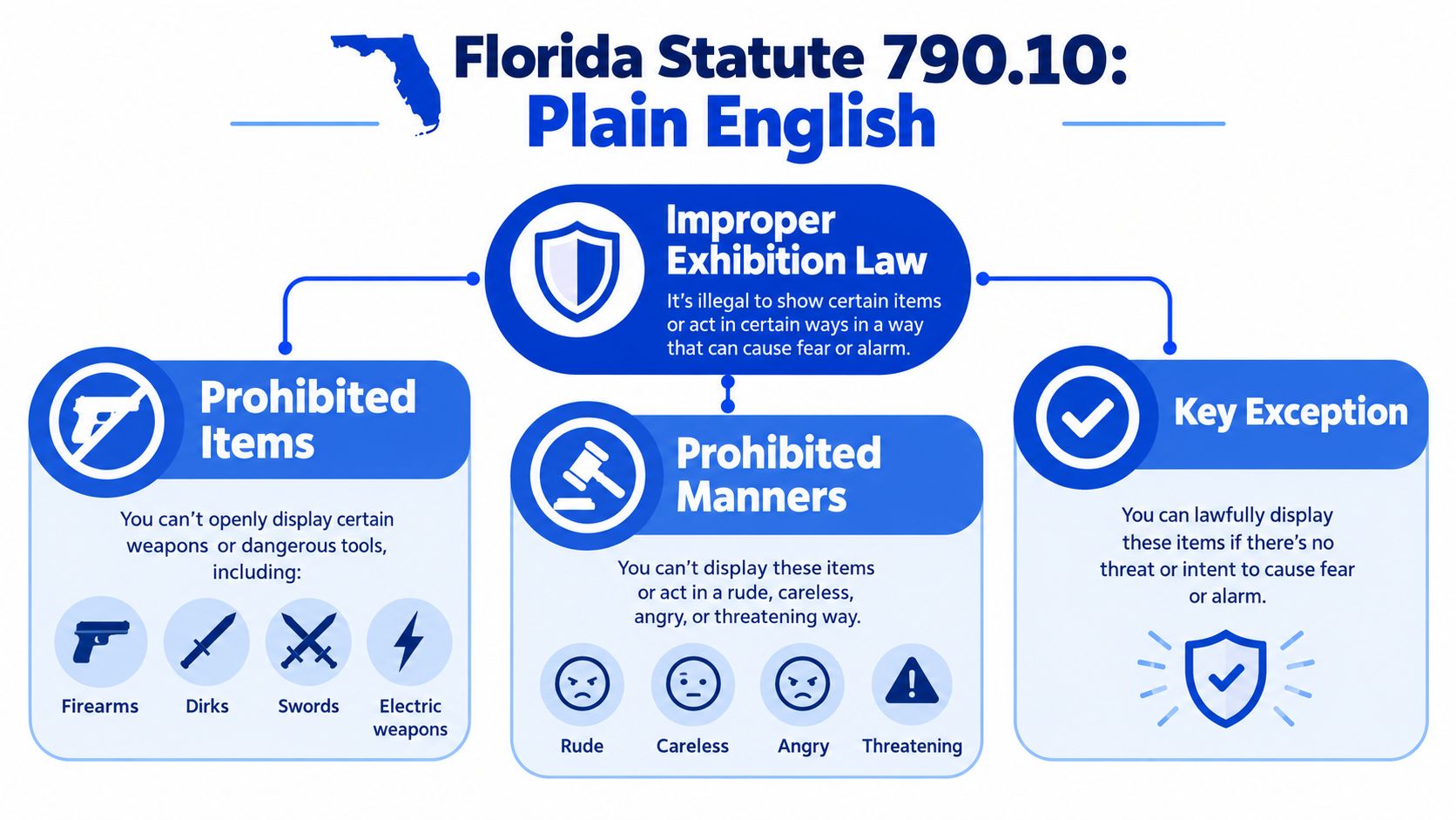 An infographic explaining Florida Statute 790.10 regarding the improper exhibition of weapons and the related legal consequences.