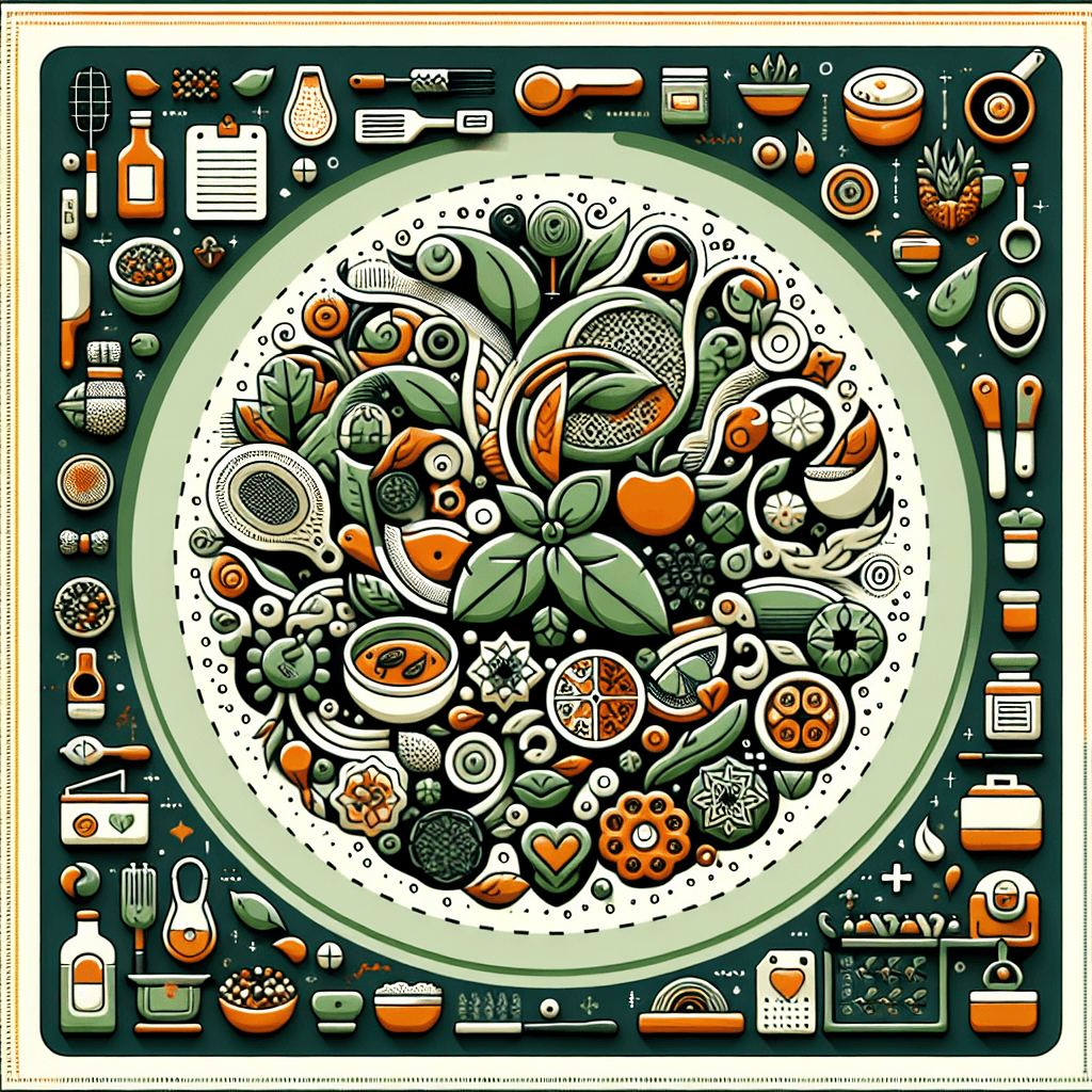 Künstlerisch gestaltete Illustration eines riesigen Tellers voller gesunder Zutaten wie Kräuter, Früchte und Gemüse, eingerahmt von zahlreichen Küchenutensilien und Kochsymbolen. Das Bild wirkt wie eine Hommage an die Vielfalt und Ästhetik des Kochens.