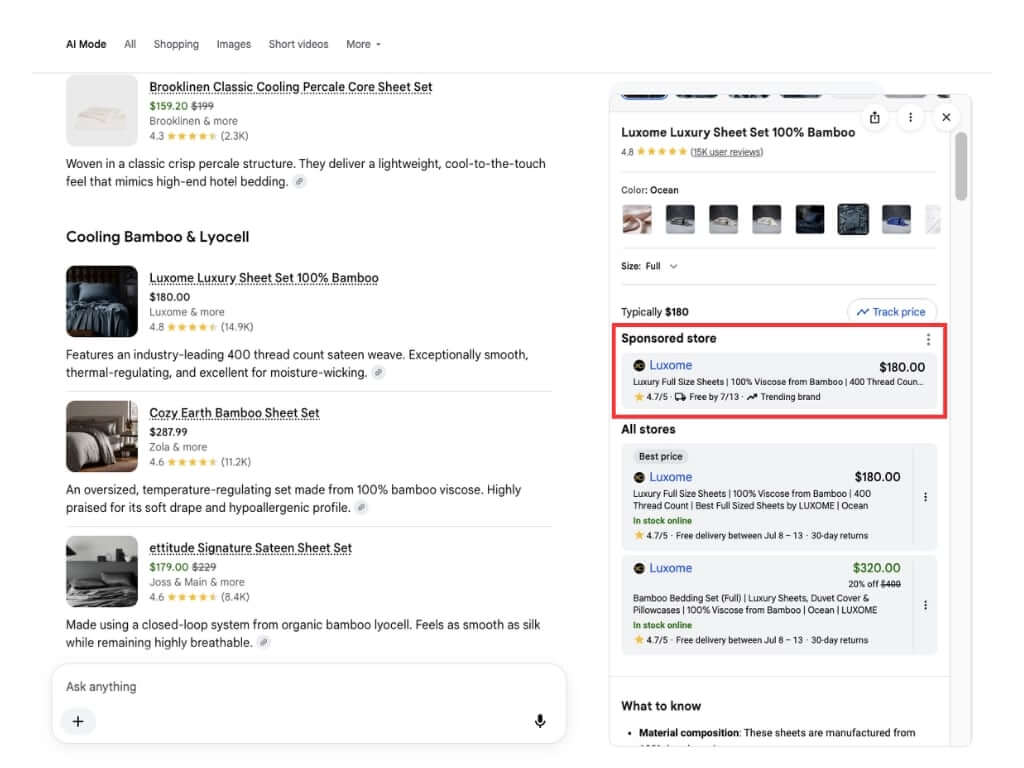 Google AI Mode sponsored product grid ads