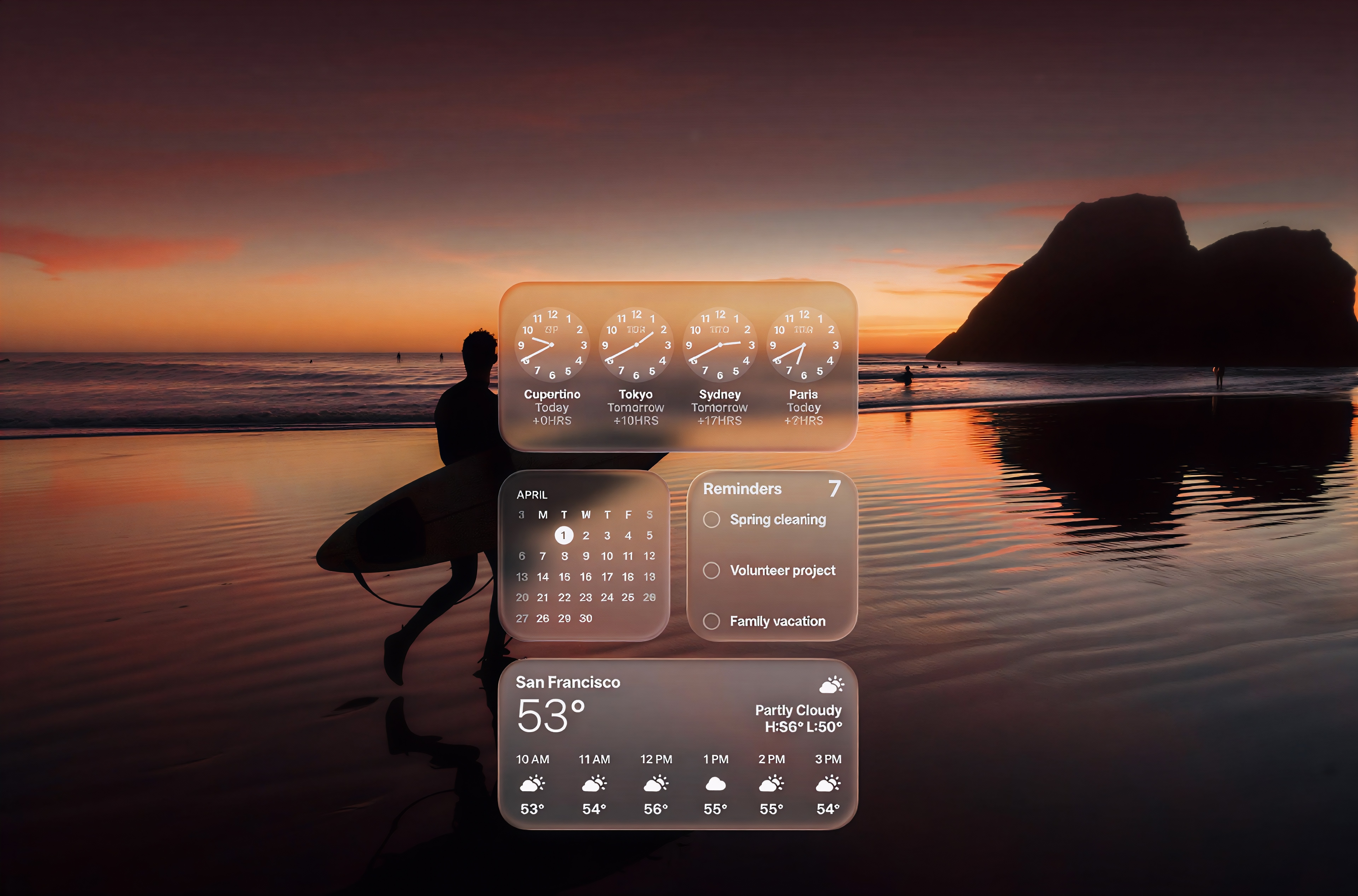 Digital widgets on a beach sunset