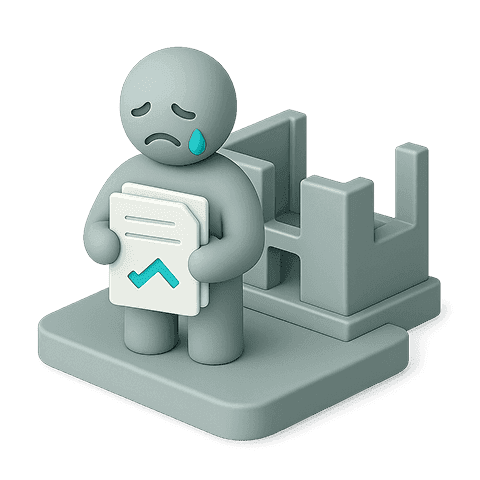 Sad gray figure holding a document with amid broken buildings